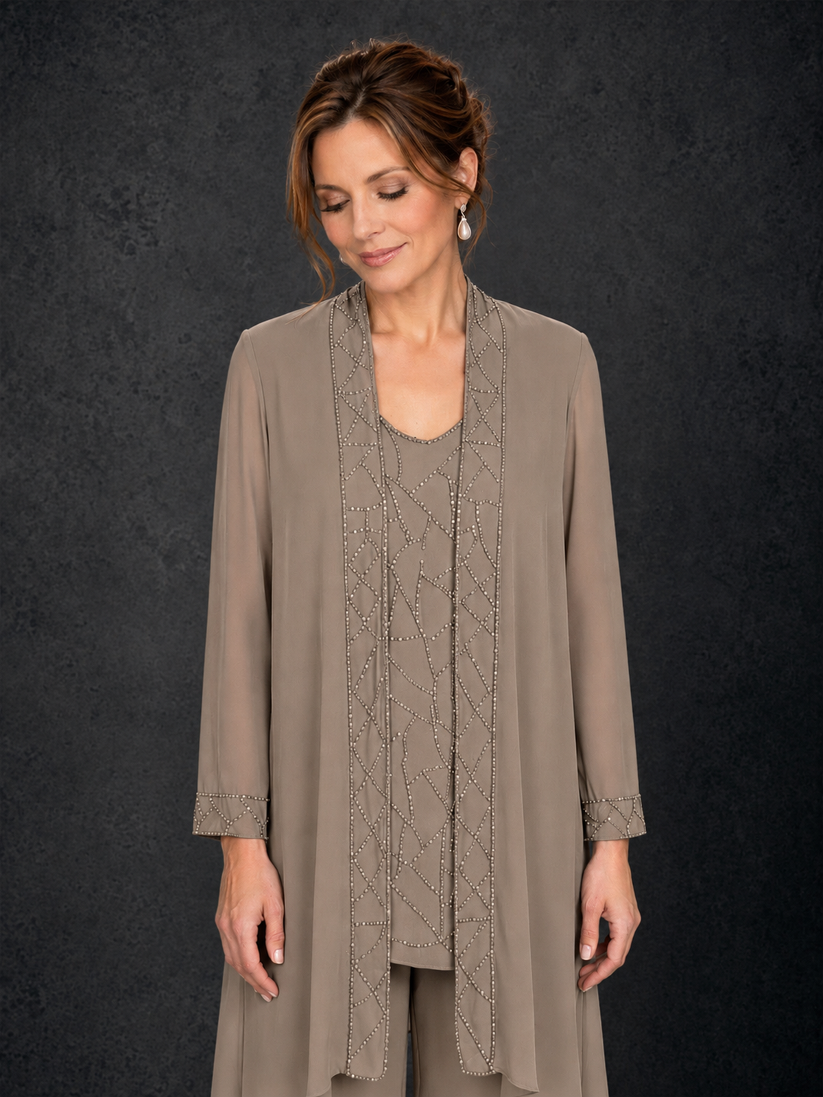 BOLODOO Taupe 3-Piece Beaded Chiffon Duster Jacket Pant Suit - Taupe - Taupe_03