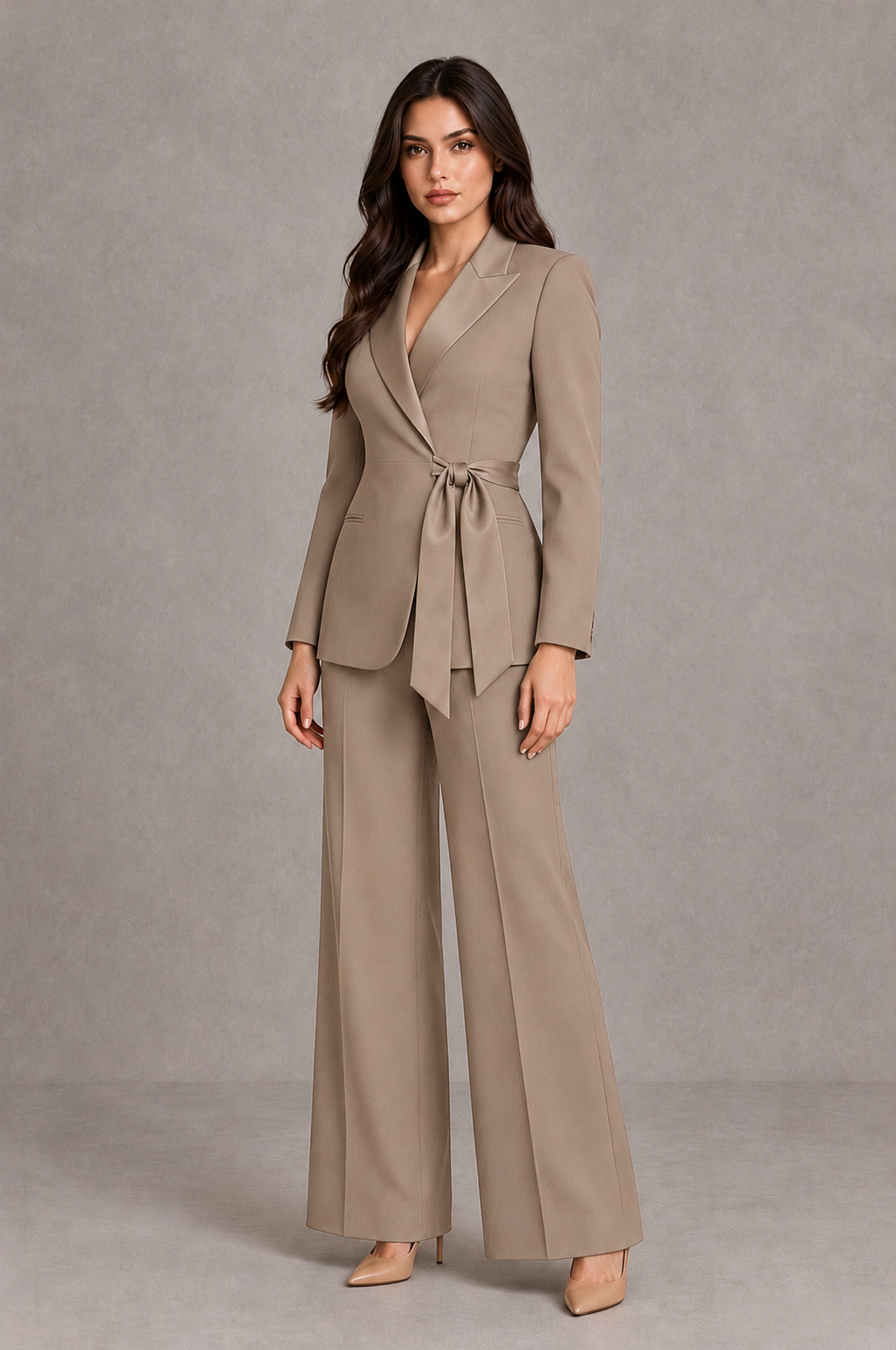 BOLODOO Taupe Tie-Waist Blazer & Wide-Leg Pantsuit - Taupe - Taupe_03
