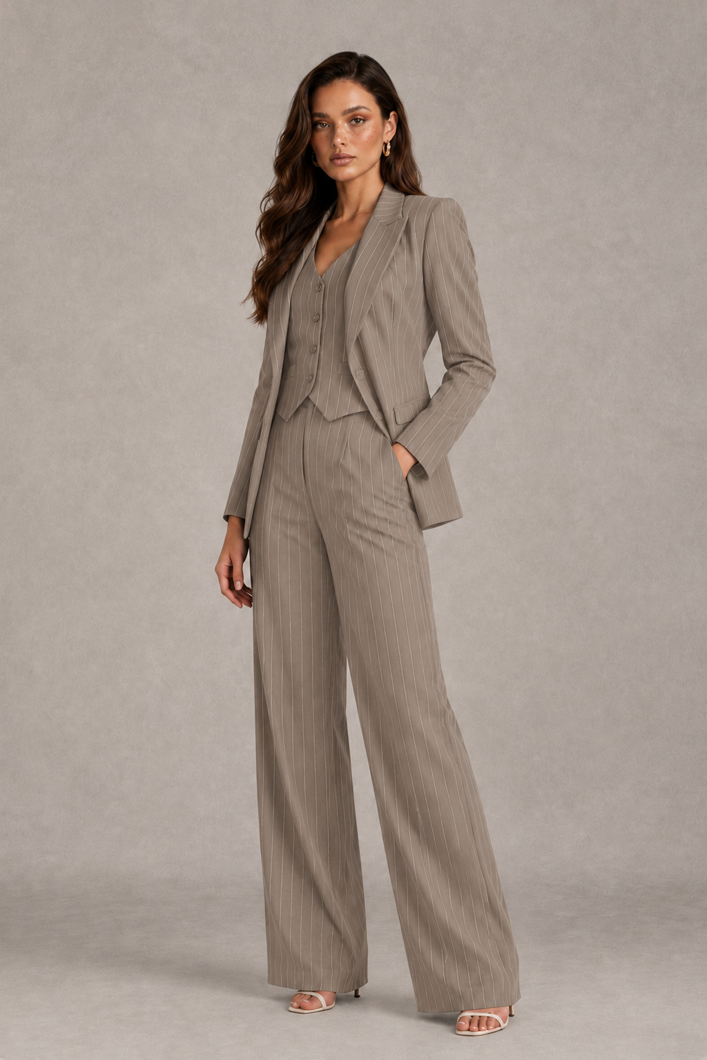 BOLODOO Women's Taupe Pinstripe Three-Piece Pantsuit with Wide-Leg Trousers - Taupe - Taupe_03