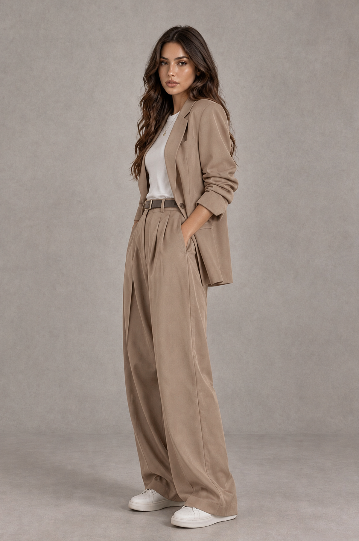 BOLODOO Taupe Brown Blazer & Wide-Leg Pants Suit for Women - Taupe - Taupe_03