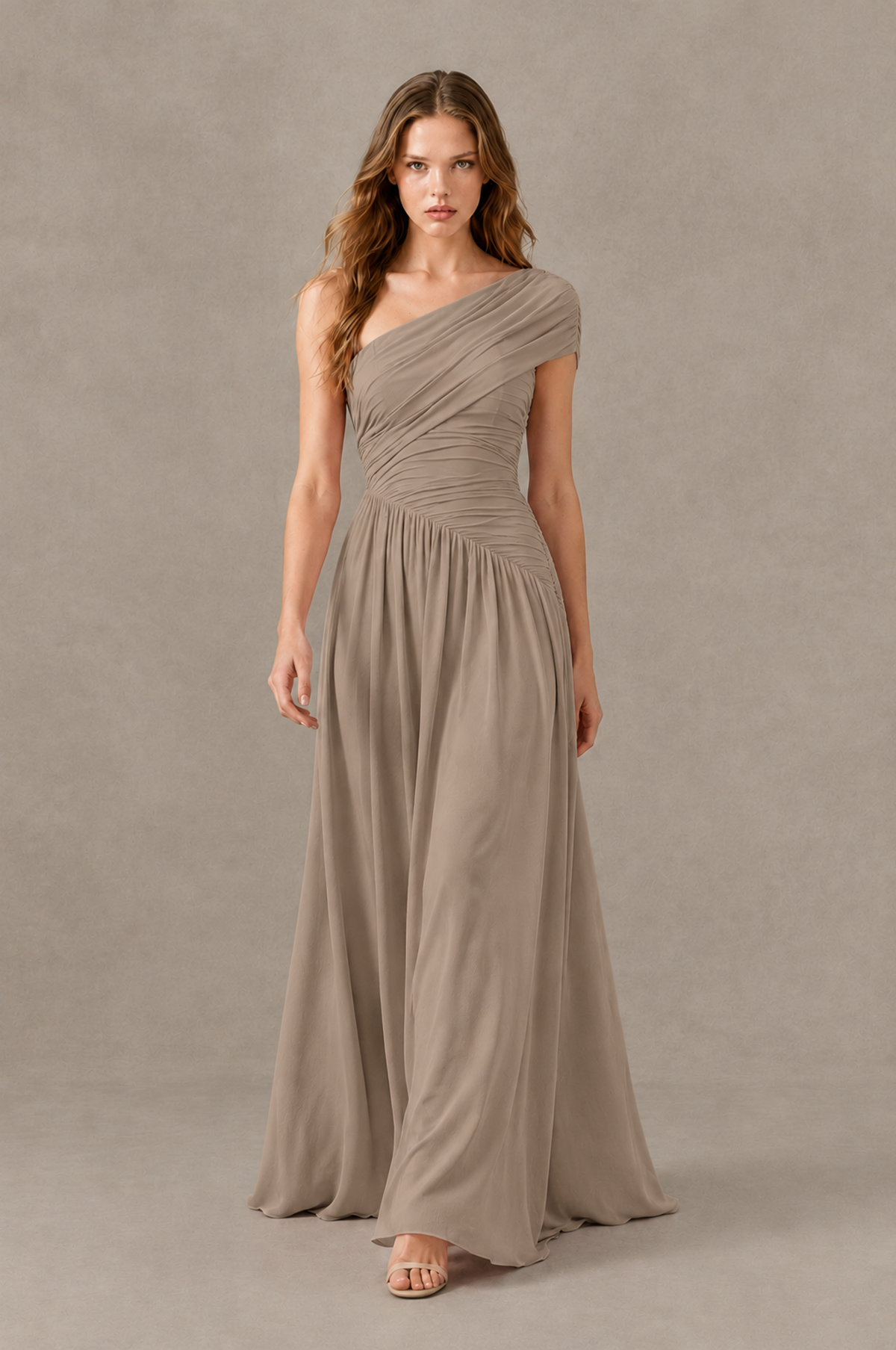 BOLODOO Taupe One-Shoulder Ruched Floor-Length Bridesmaid Dress - Taupe - Taupe_03