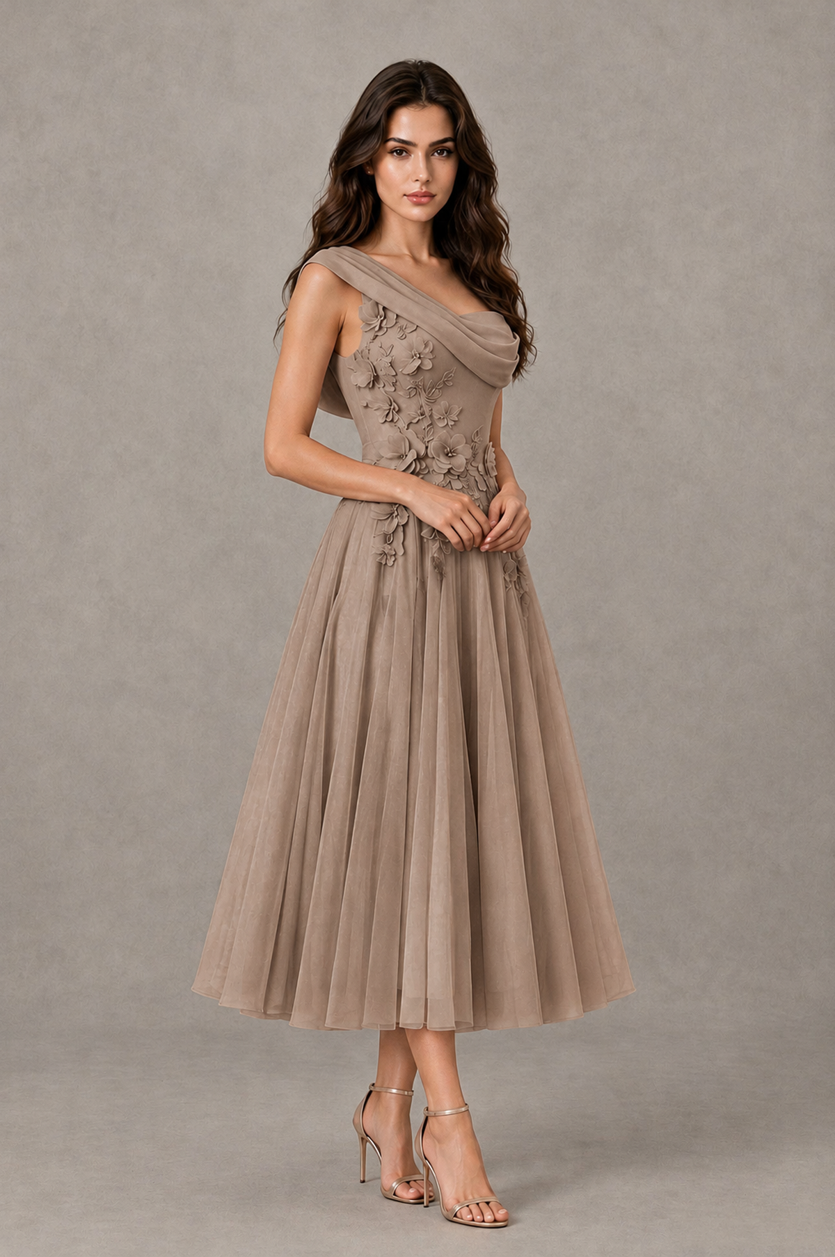 BOLODOO Taupe One-Shoulder Floral Tulle Tea-Length Dress - Taupe - Taupe_03