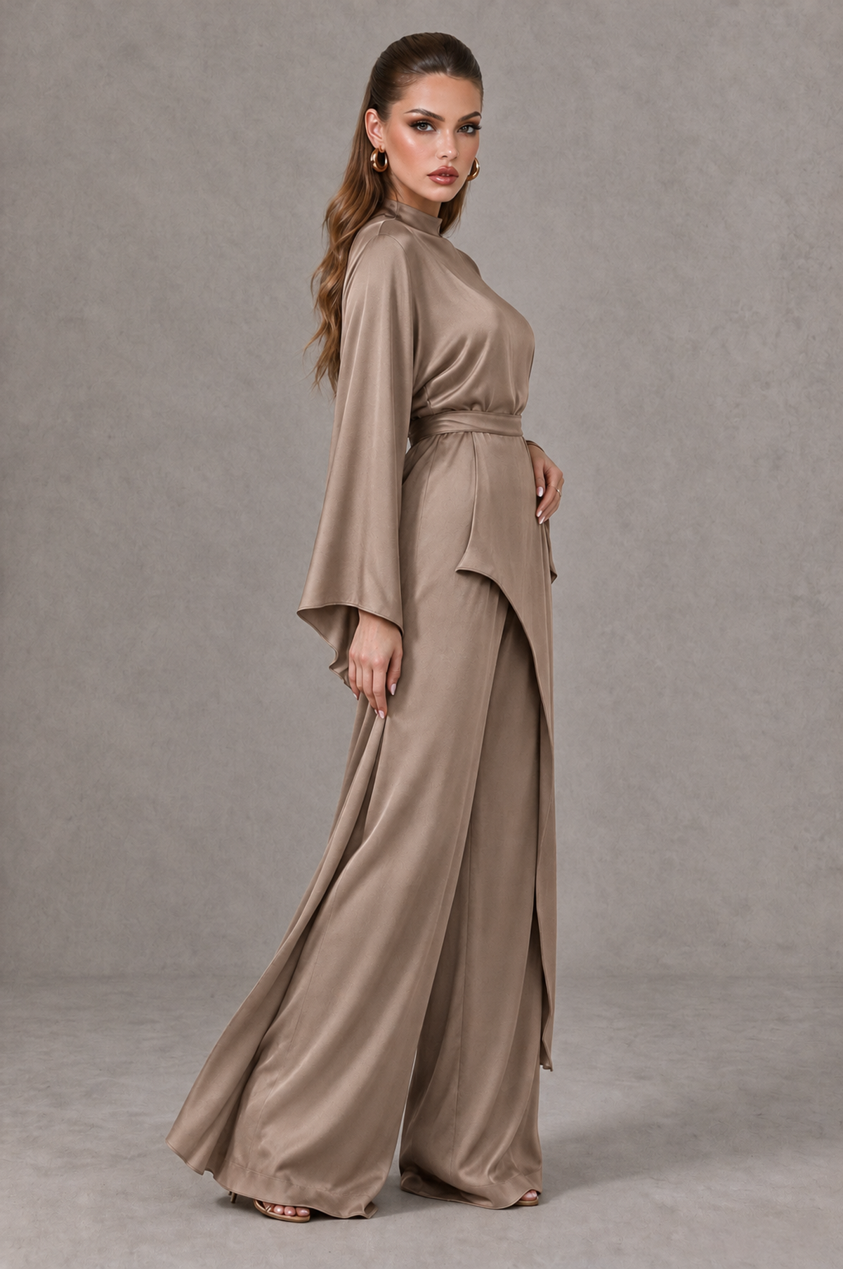 BOLODOO Taupe Satin-Look Long Sleeve Wide-Leg Jumpsuit - Taupe - Taupe_03