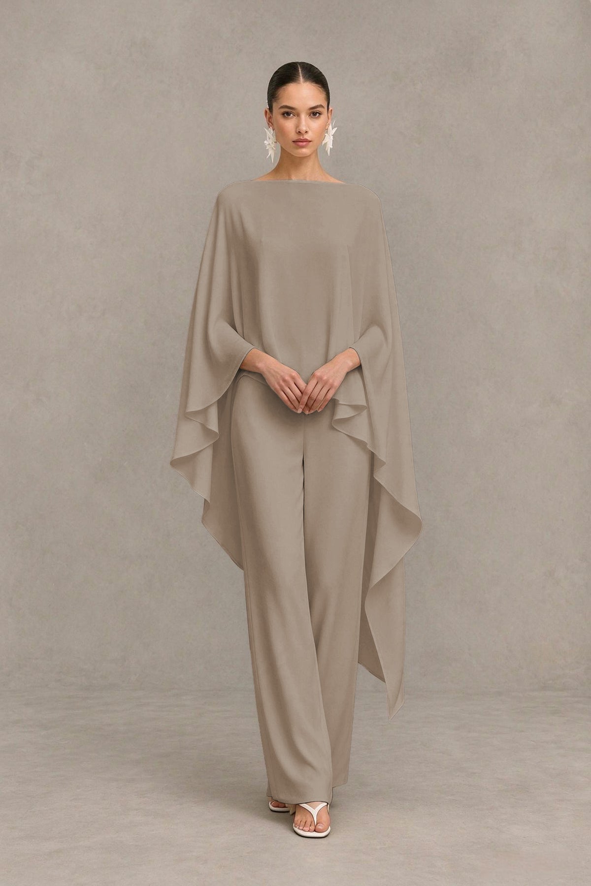 BOLODOO Taupe Cape Sleeve Wide-Leg Formal Pantsuit - Taupe - Taupe_04