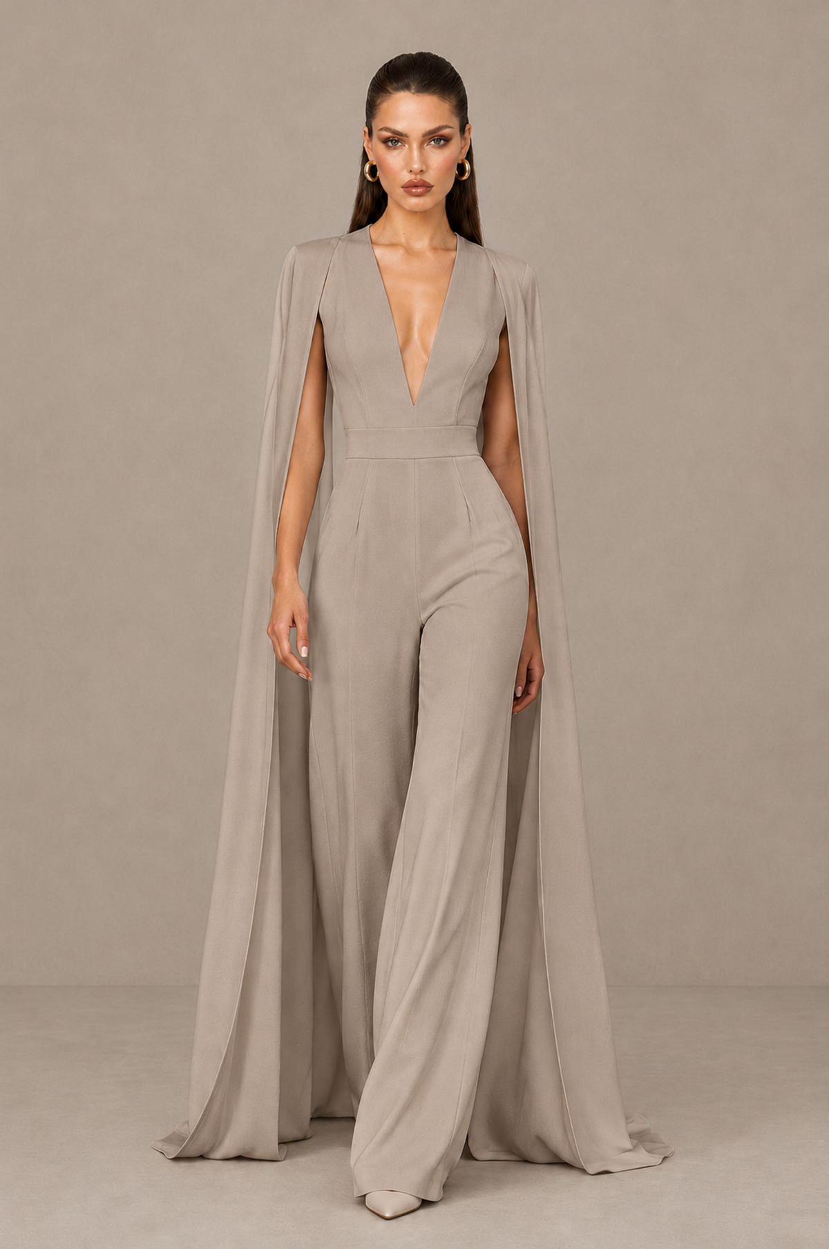 BOLODOO Taupe Deep V-Neck Cape Sleeve Bridal Jumpsuit - Taupe - Taupe_04