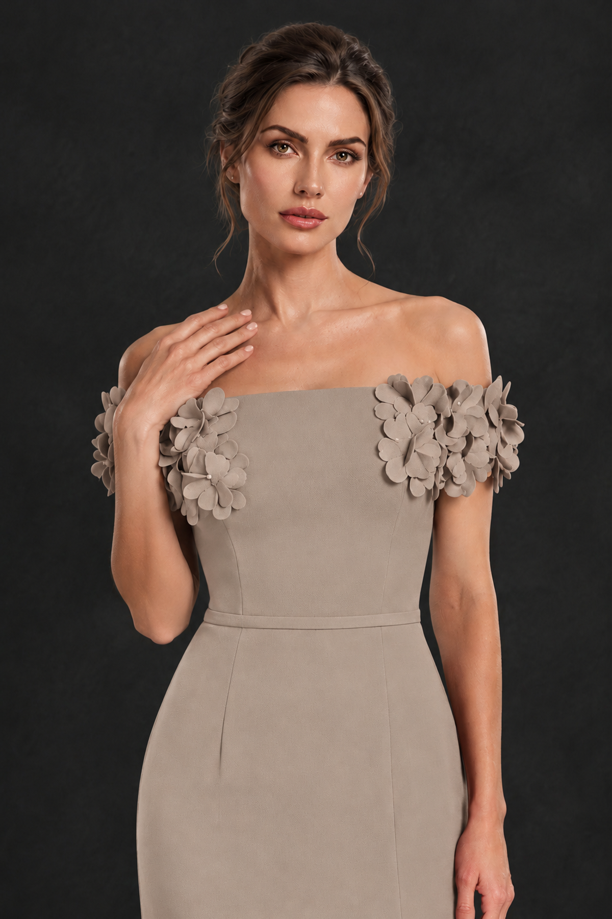 BOLODOO Taupe Off-the-Shoulder Mother of the Bride Dress with Floral Appliques - Taupe - Taupe_04