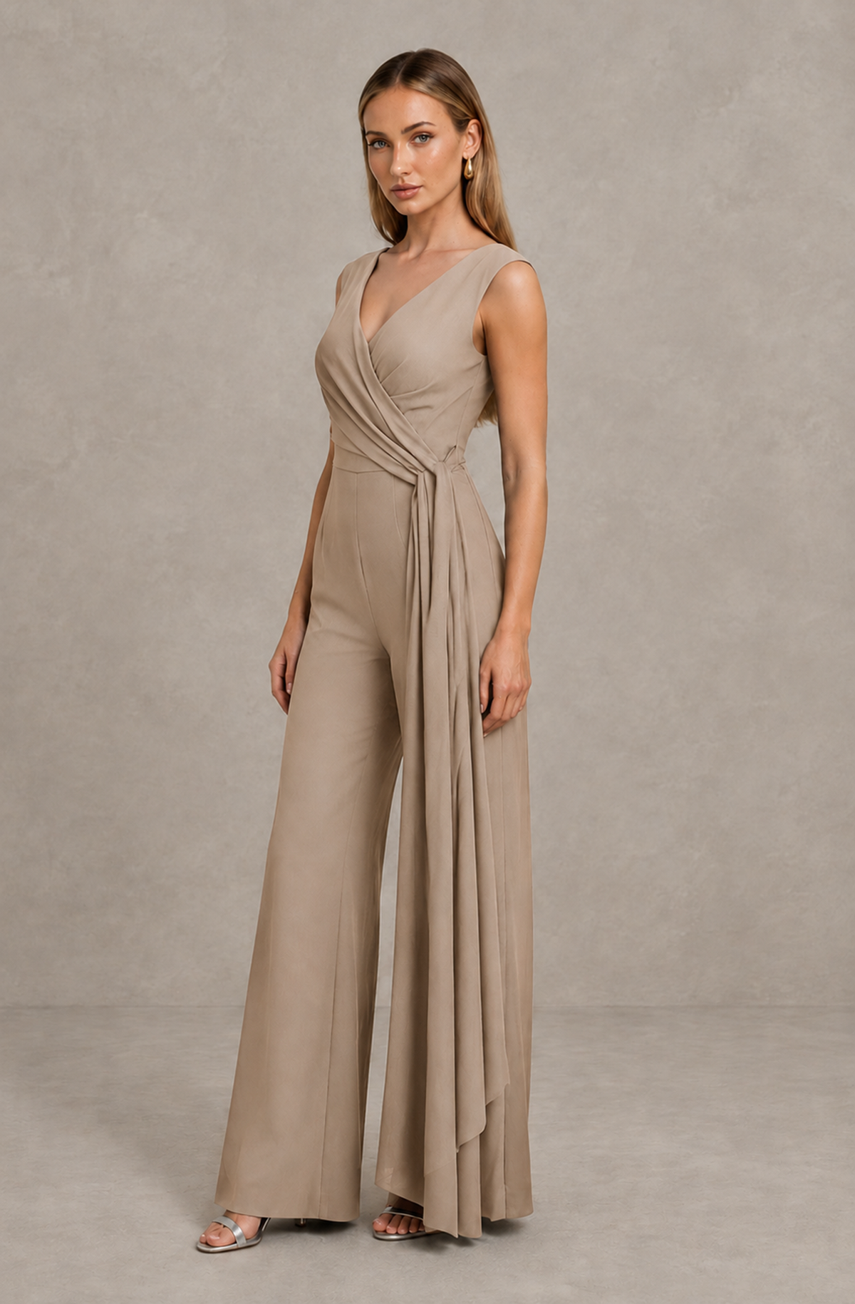 BOLODOO Taupe Sleeveless V-Neck Wide-Leg Jumpsuit with Side Drape - Taupe - Taupe_04
