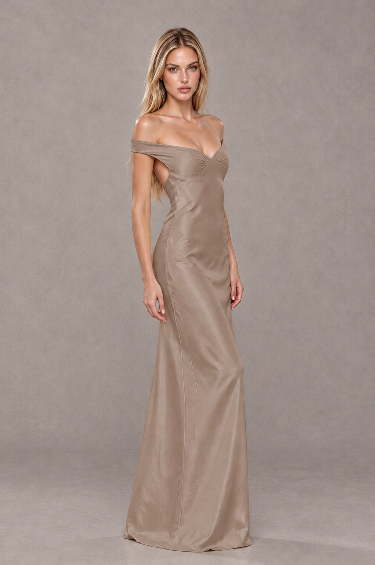 BOLODOO Taupe Off-Shoulder Open-Back Satin Evening Gown - Taupe - Taupe_04