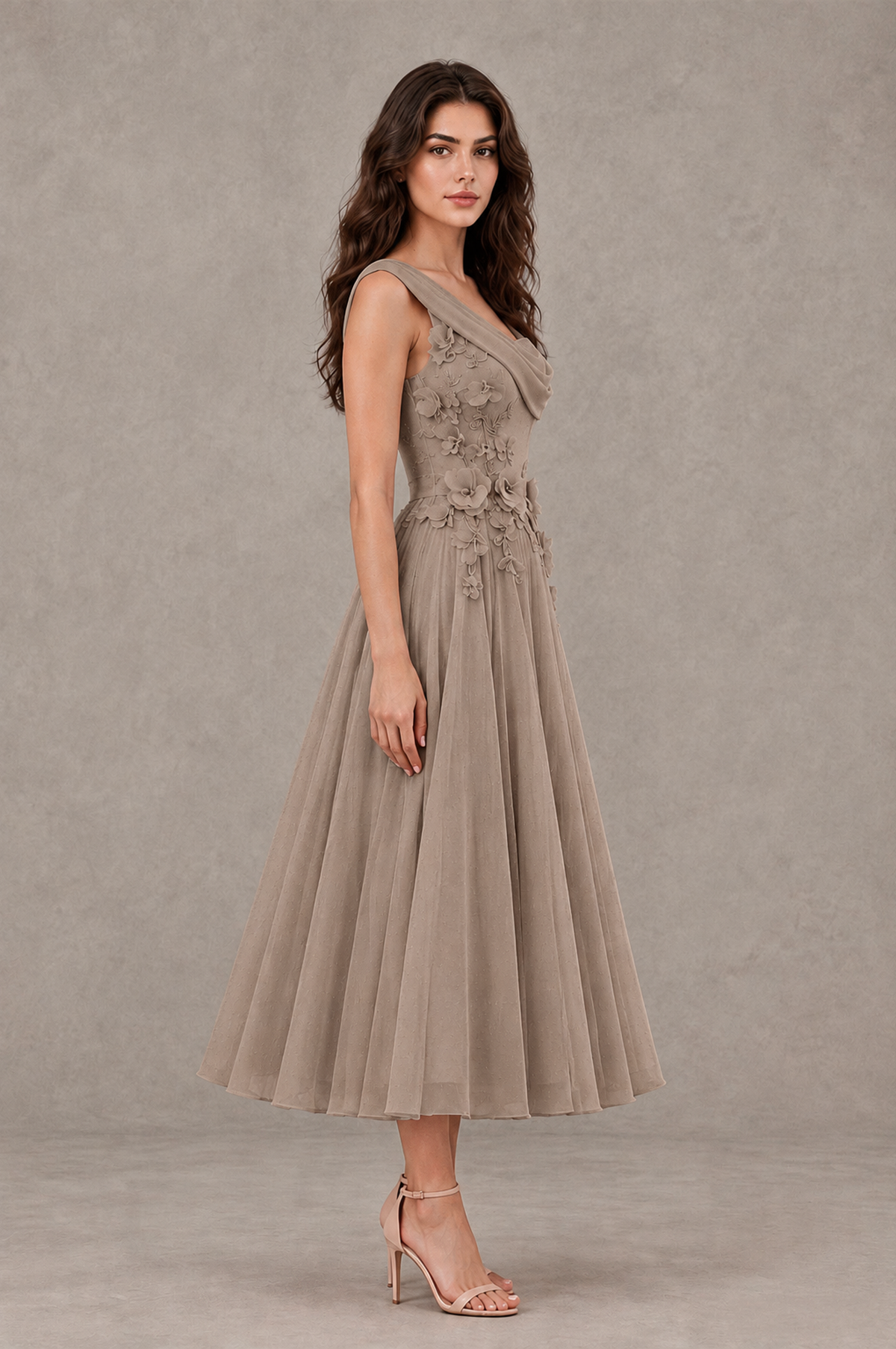 BOLODOO Taupe One-Shoulder Floral Tulle Tea-Length Dress - Taupe - Taupe_04