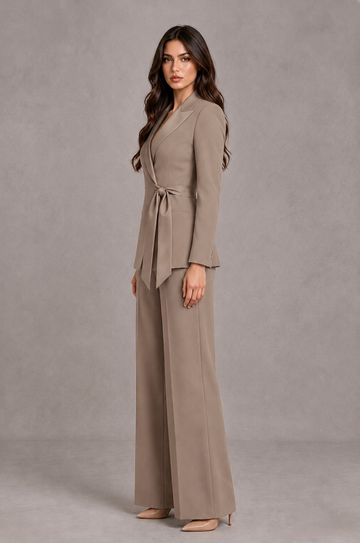 BOLODOO Taupe Tie-Waist Blazer & Wide-Leg Pantsuit - Taupe - Taupe_04