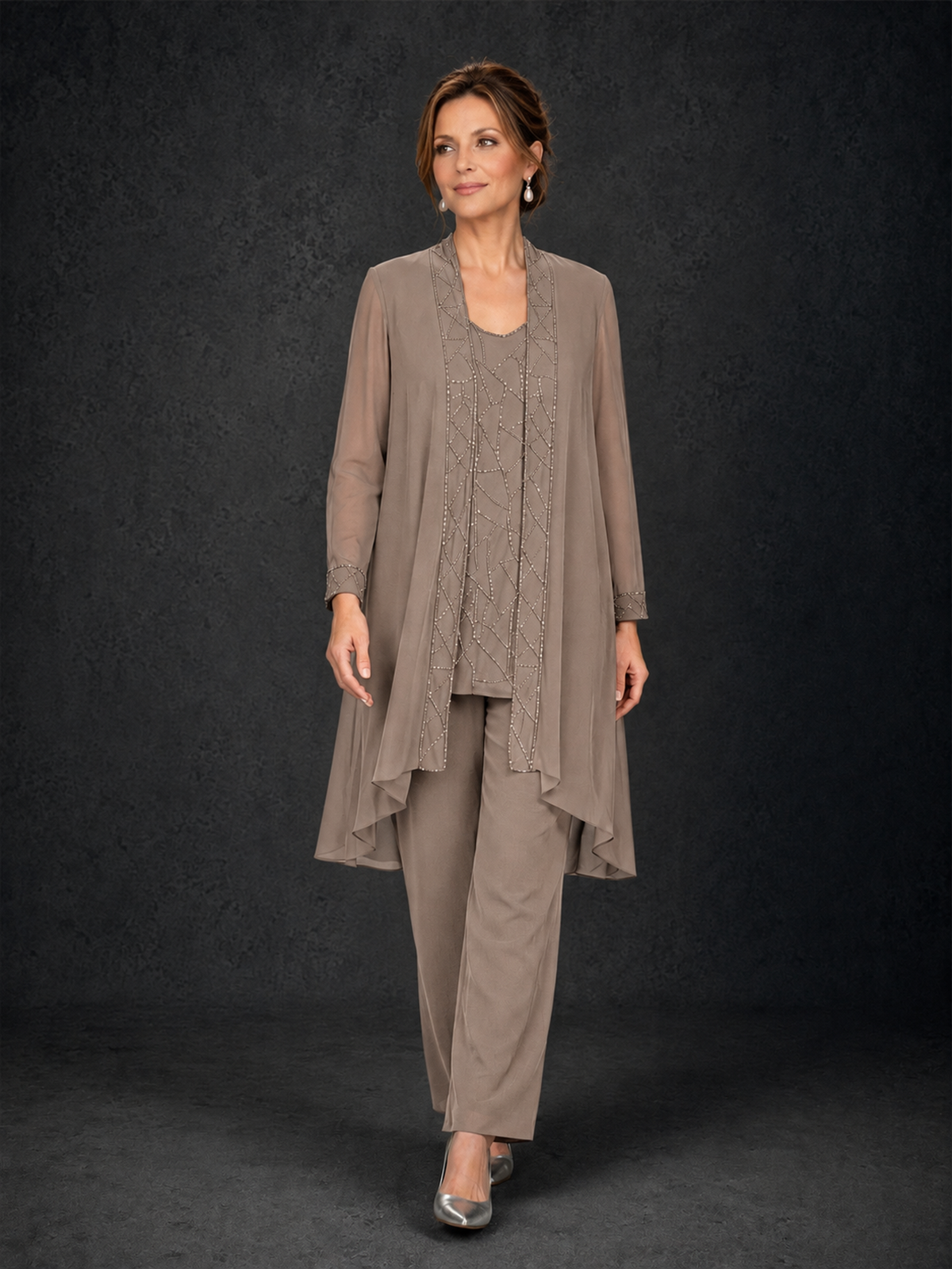 BOLODOO Taupe 3-Piece Beaded Chiffon Duster Jacket Pant Suit - Taupe - Taupe_04