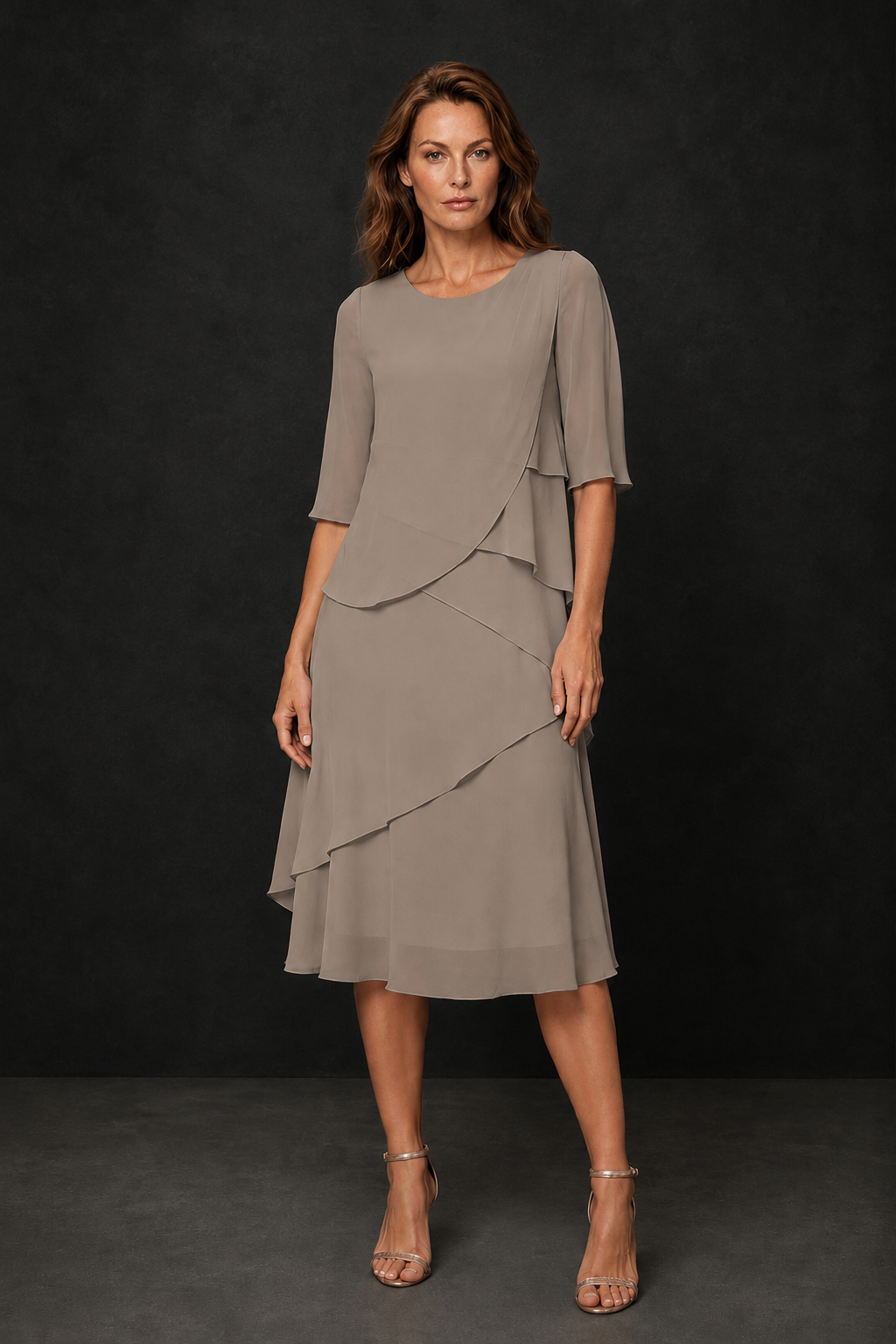 BOLODOO Taupe Chiffon 3/4 Sleeve Asymmetric Tiered Tea Length Dress | Mother of the Bride Midi Dress - Taupe