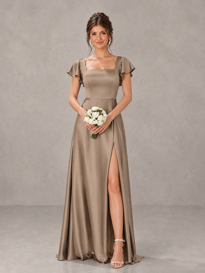 BOLODOO Taupe Satin Square Neck Flutter Sleeve A-Line Bridesmaid Dress with Slit - Taupe - Taupe_1
