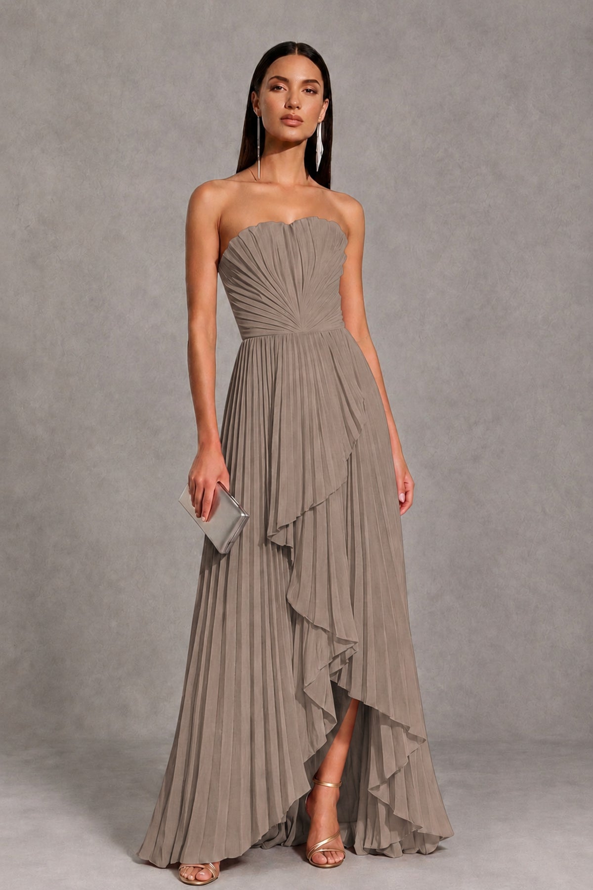 Taupe Strapless Pleated High-Low Evening Gown with Ruffle Hem - Taupe - Taupe_1
