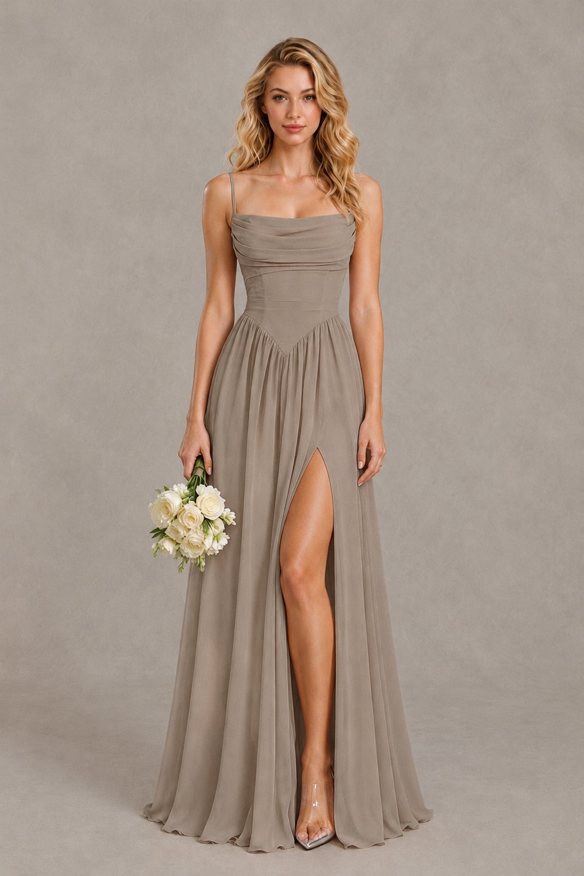 BOLODOO Taupe Spaghetti Strap A-Line Bridesmaid Dress with Slit - Taupe - Taupe_1