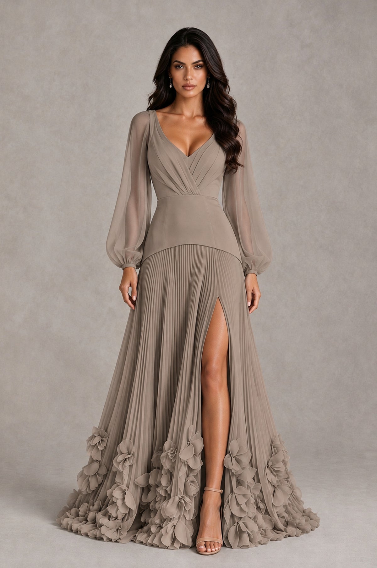 BOLODOO Taupe V-Neck Long Sleeve Pleated Floral Hem Evening Dress - Taupe - Taupe_1