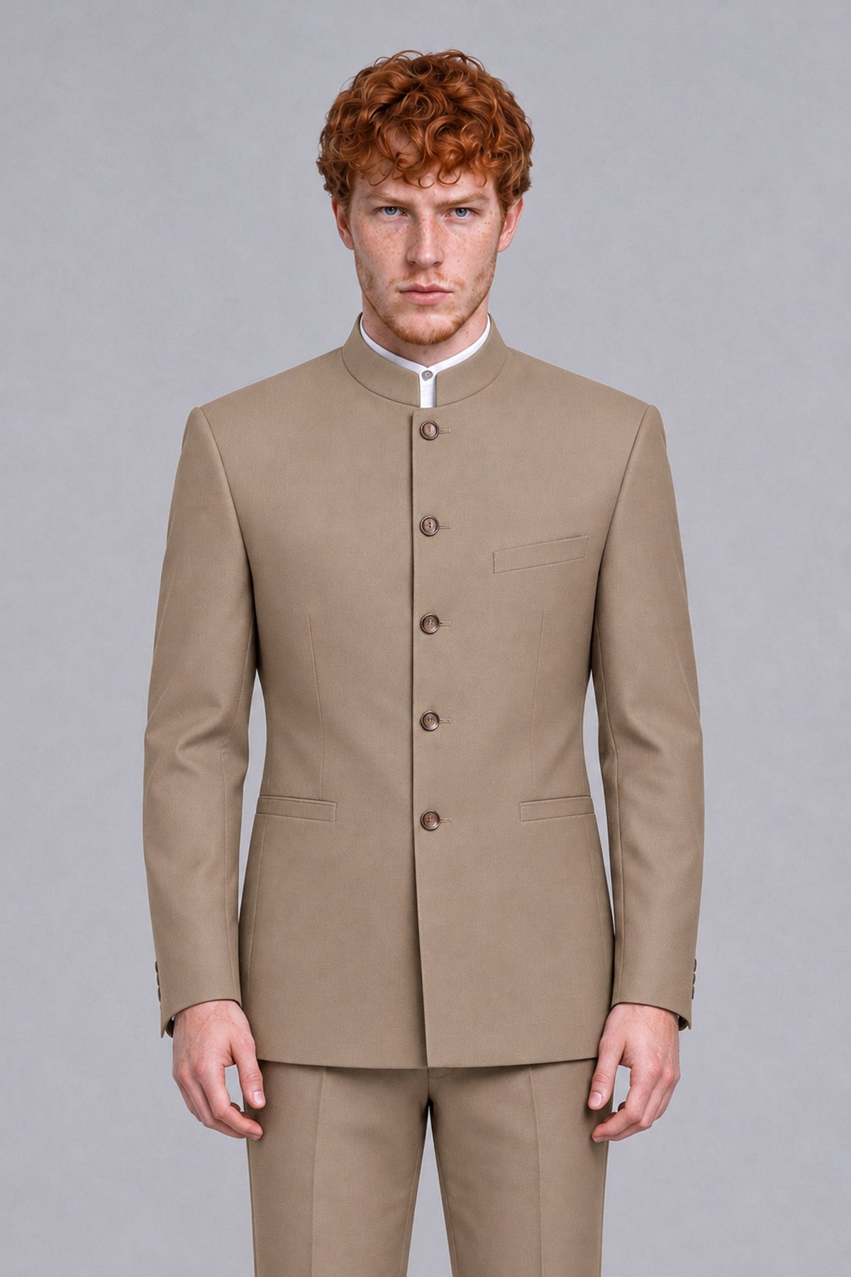 BOLODOO Men's Taupe Mandarin Collar Two-Piece Suit - Taupe - Taupe_1