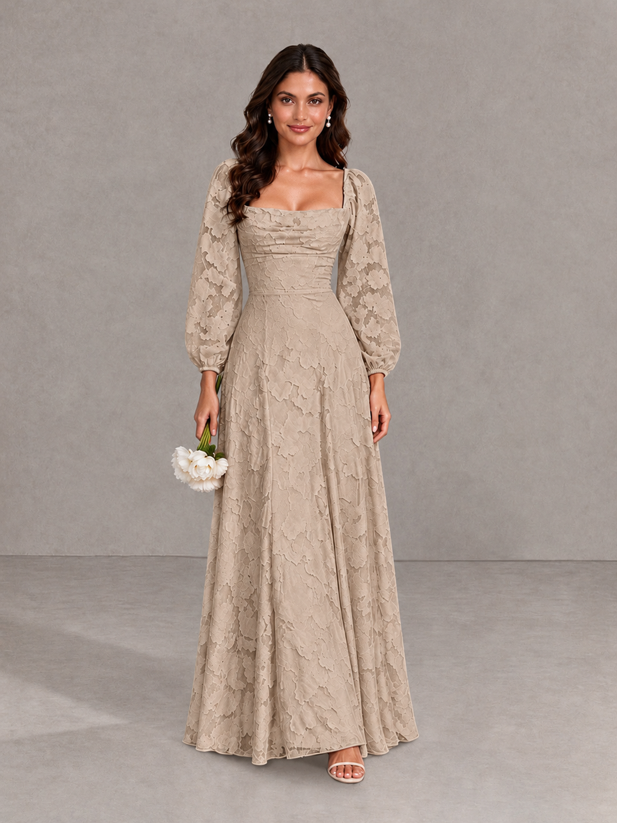 BOLODOO Taupe Floral Long Sleeve A-Line Bridesmaid Dress - Taupe - Taupe_1