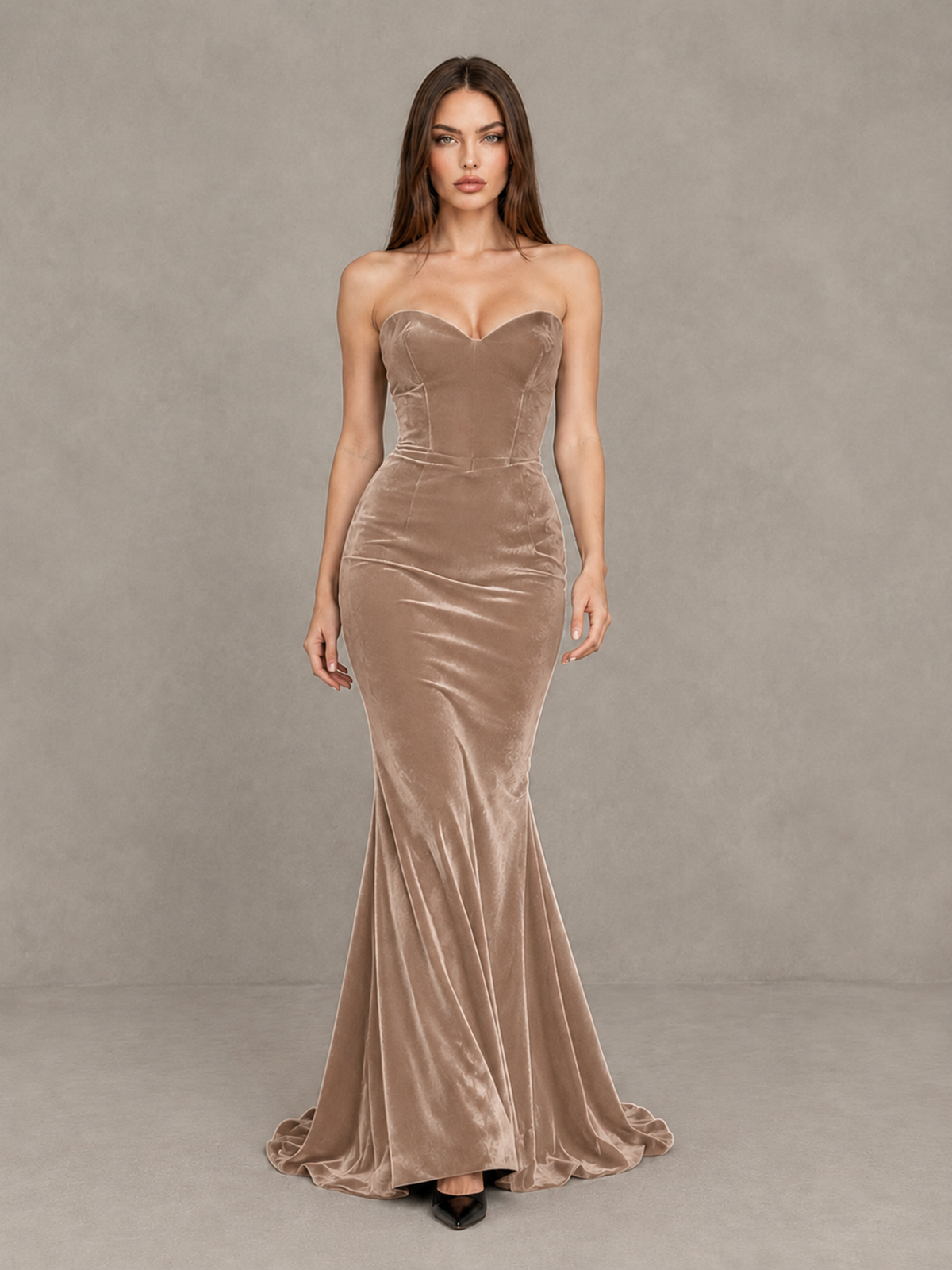 BOLODOO Taupe Strapless Sweetheart Velvet-Look Mermaid Evening Dress - Taupe - Taupe_1