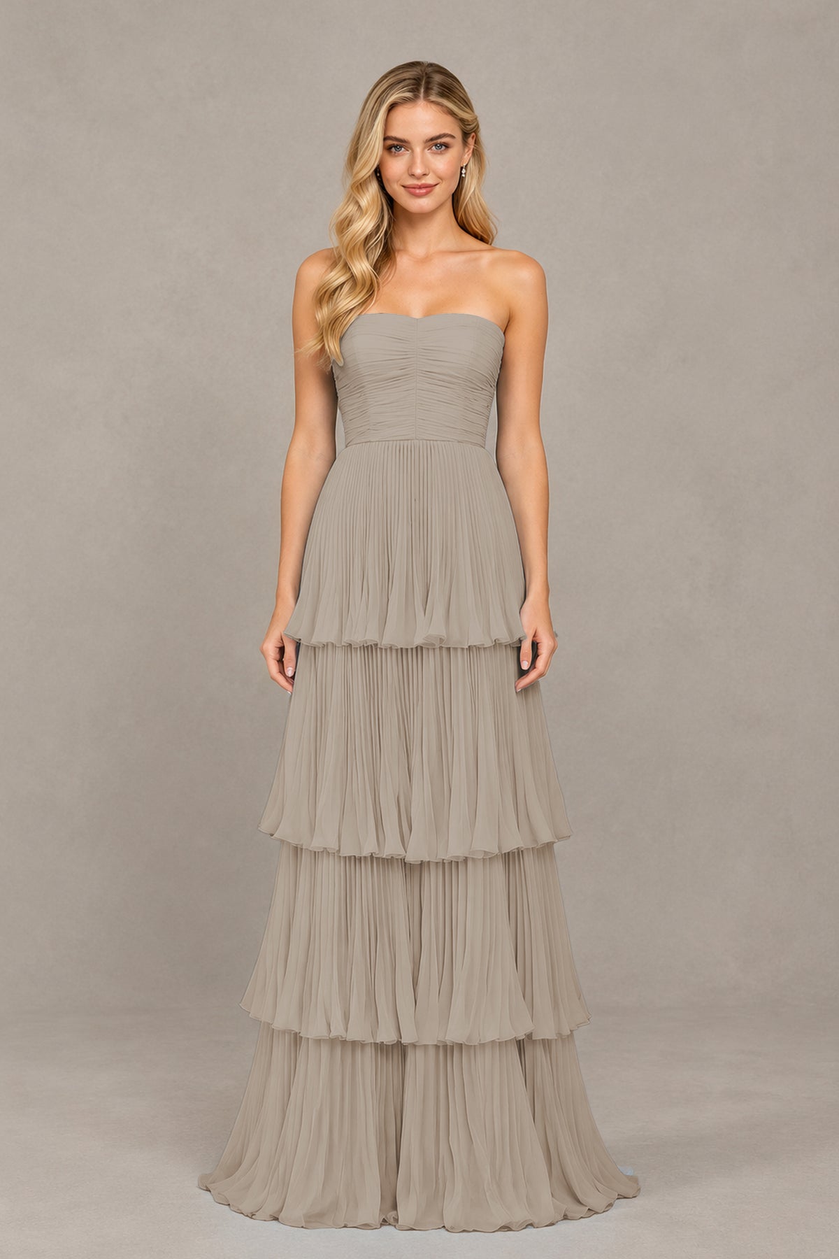 BOLODOO Taupe Strapless Tiered Chiffon Maxi Dress - Taupe