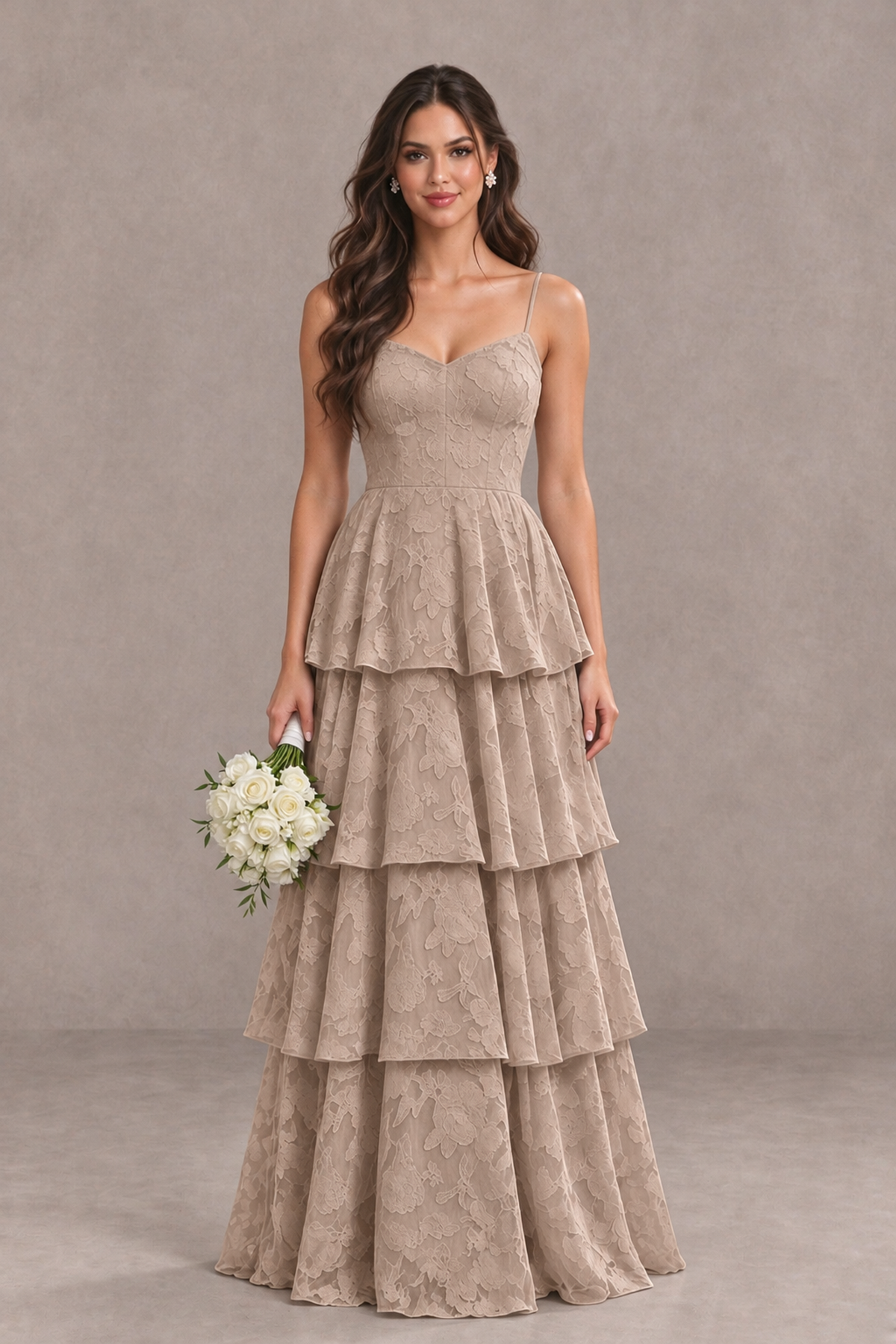 BOLODOO Taupe Tiered Floral-Textured Spaghetti Strap Maxi Dress - Taupe - Taupe_1