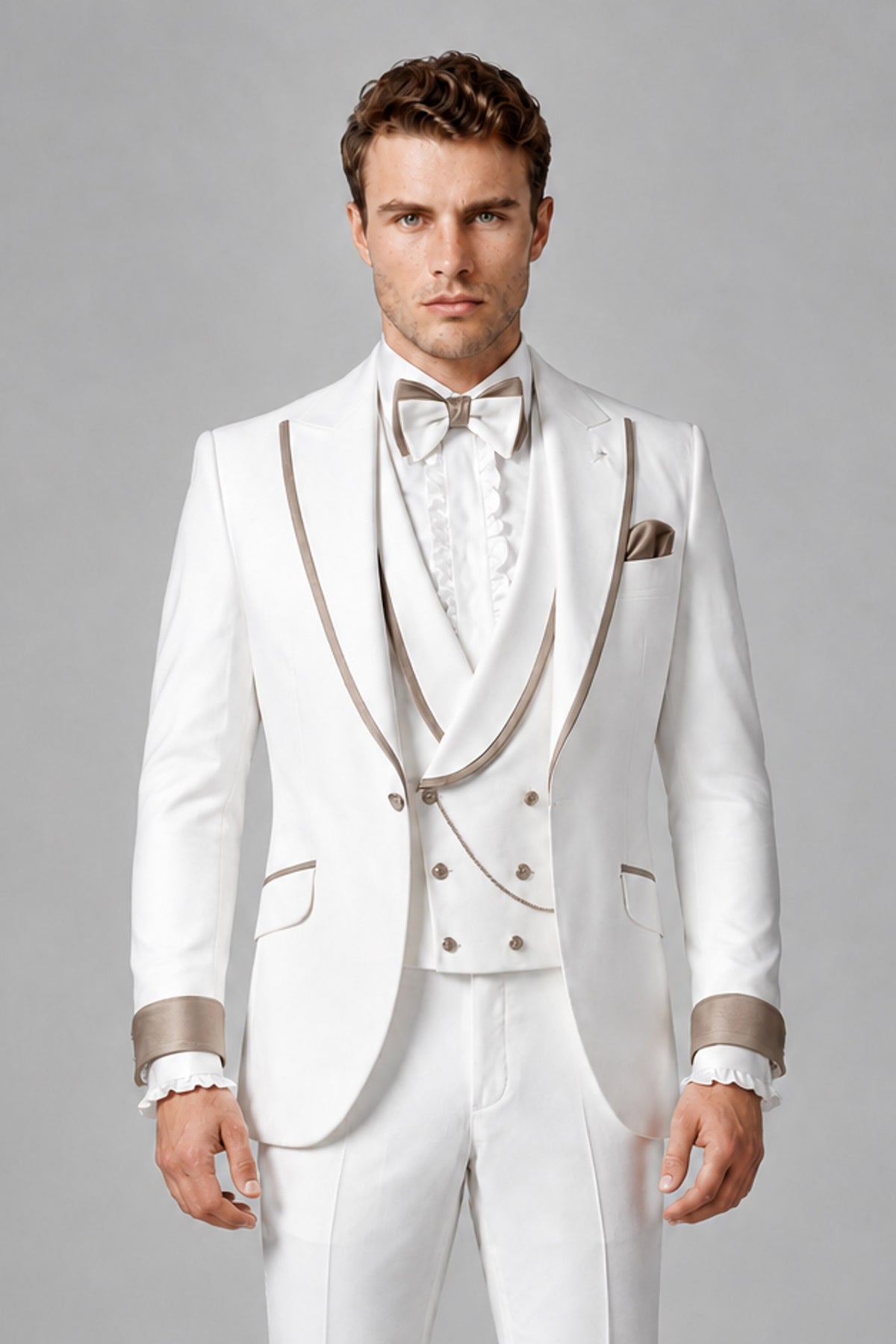 Bolodoo Men's White and Taupe Three-Piece Wedding Tuxedo Suit - Taupe - Taupe_1