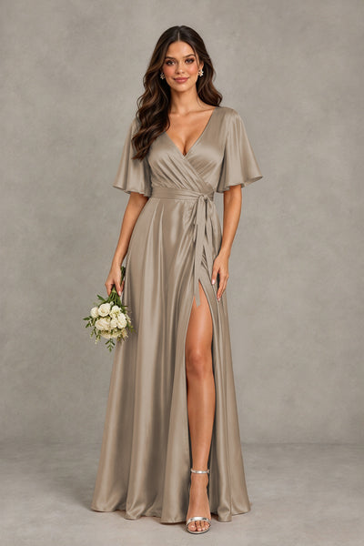 BOLODOO Taupe Satin V-Neck Flutter Sleeve Bridesmaid Dress with Slit - Taupe - Taupe(1)