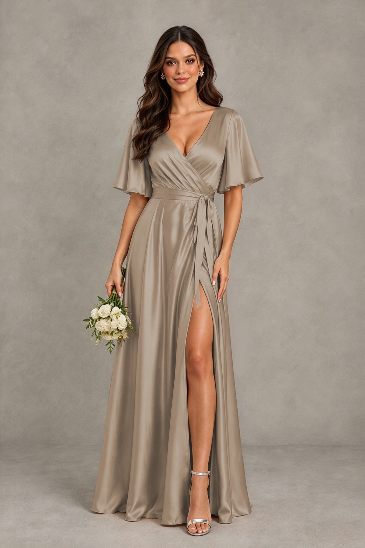 BOLODOO Taupe Satin V-Neck Flutter Sleeve Bridesmaid Dress with Slit - Taupe - Taupe(1)