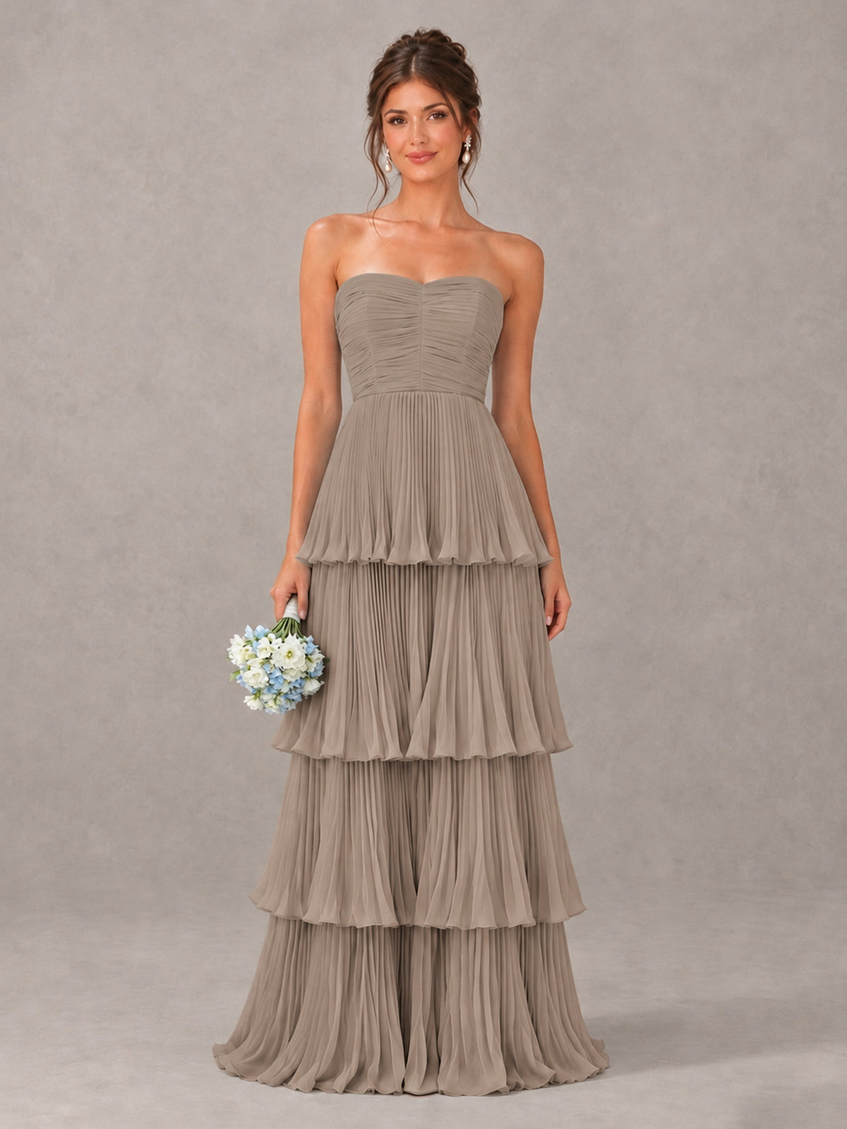 BOLODOO Taupe Strapless Tiered Pleated Bridesmaid Dress - Taupe - Taupe_1
