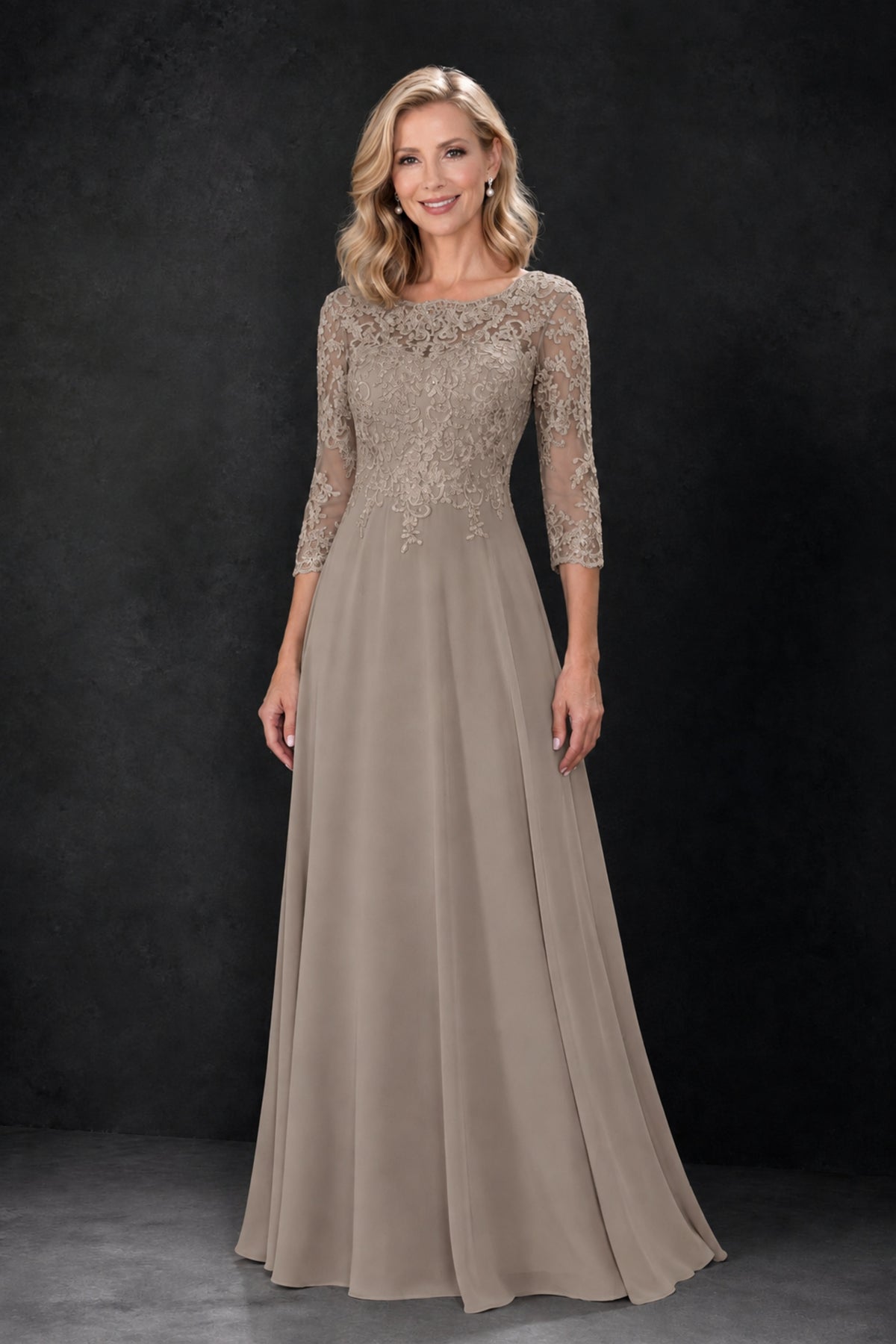 BOLODOO Taupe Lace Embroidered Mother of the Bride Dress with 3/4 Sleeves - Taupe