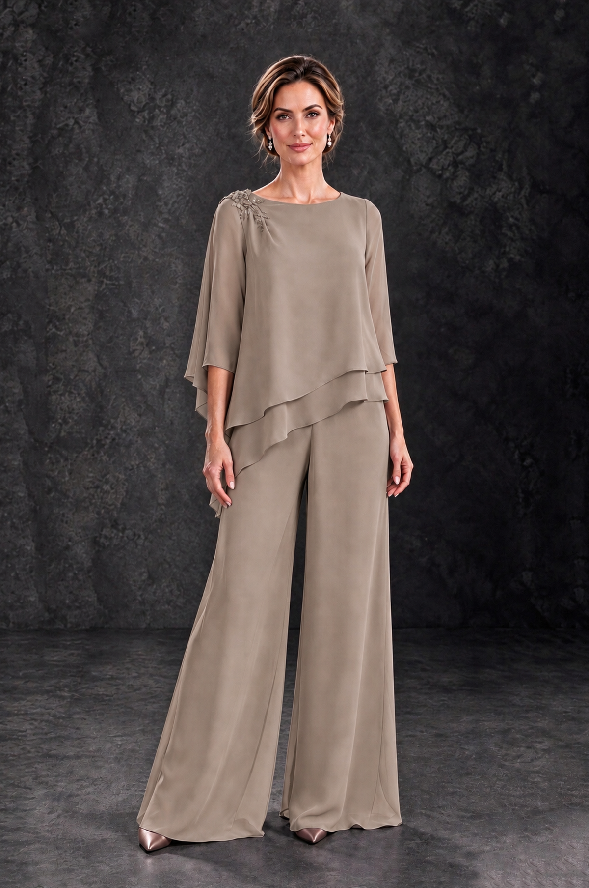 BOLODOO Taupe Layered Wide-Leg Mother of the Bride Pant Suit - Taupe - Taupe_1