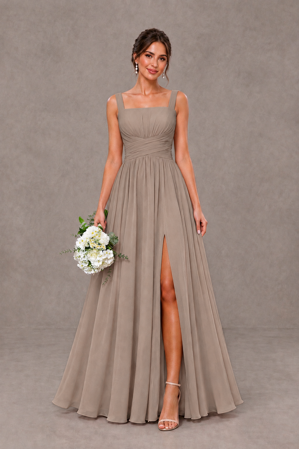 BOLODOO Taupe Square Neck A-Line Bridesmaid Dress with Slit - Taupe - Taupe_1