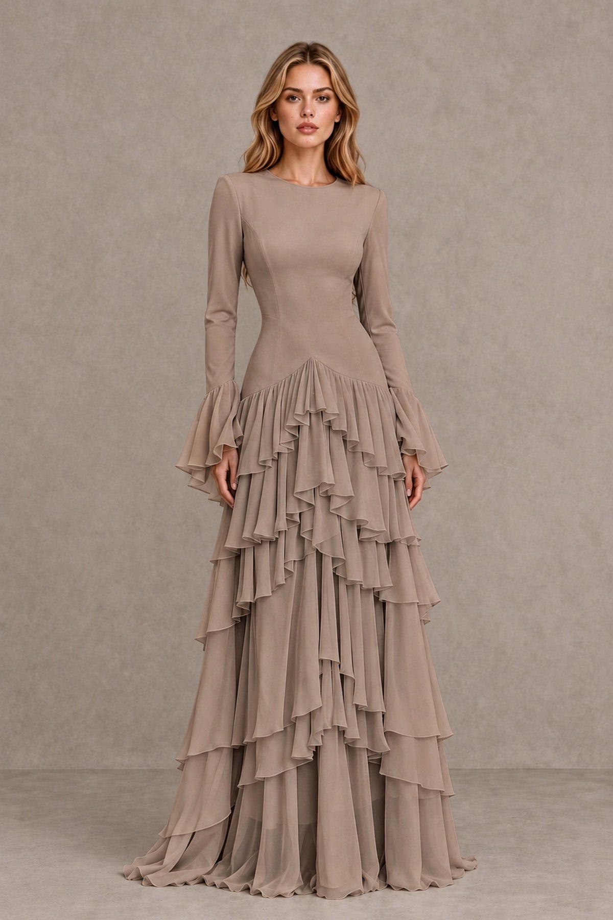 Taupe Long Sleeve Tiered Ruffle Evening Gown - Taupe - Taupe_1