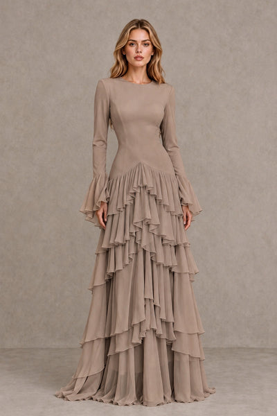 Taupe Long Sleeve Tiered Ruffle Evening Gown - Taupe - Taupe_1
