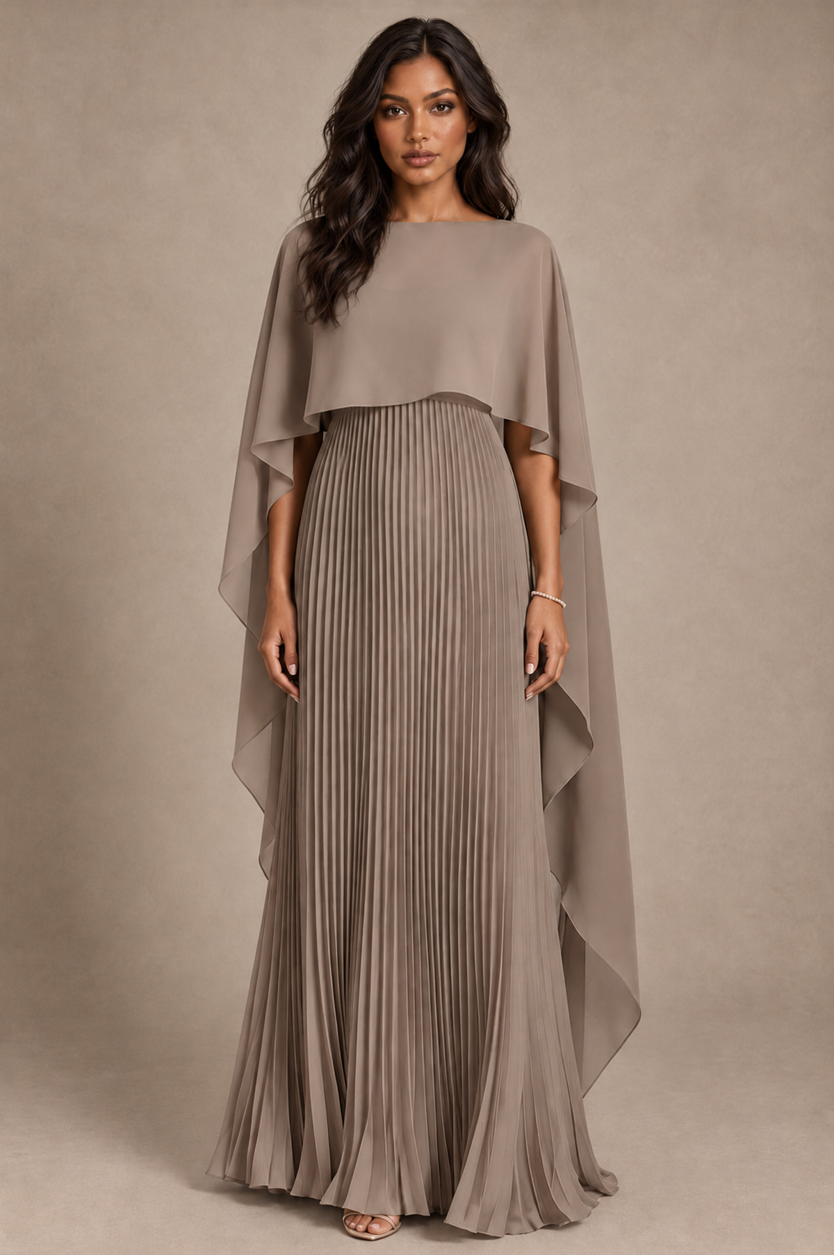 BOLODOO Taupe Pleated Cape A-Line Evening Dress - Taupe - Taupe_1