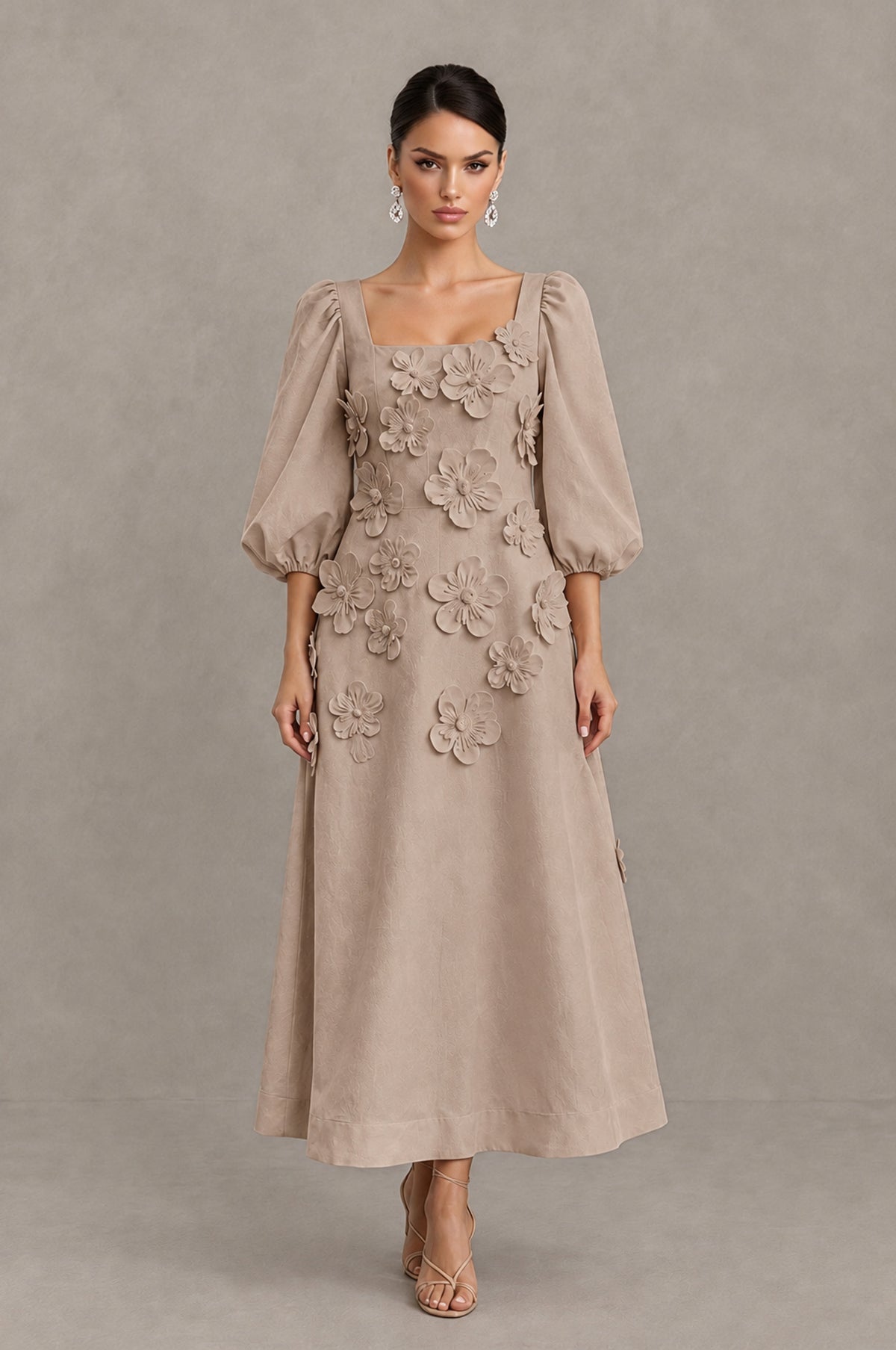 BOLODOO Taupe 3D Floral Puff Sleeve Midi Cocktail Dress - Taupe - Taupe_1