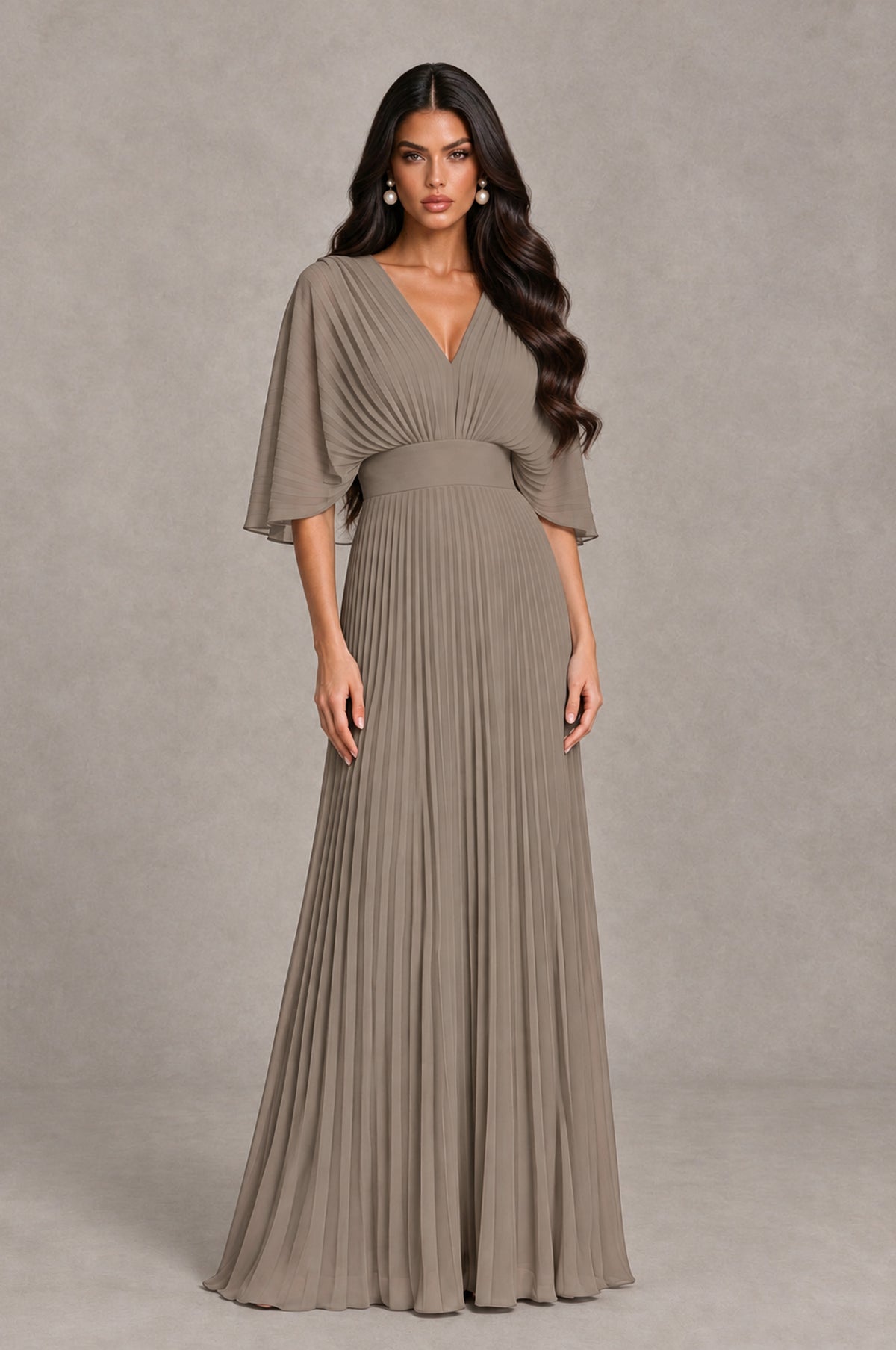 BOLODOO Taupe V-Neck Pleated Flutter Sleeve Formal Dress - Taupe - Taupe_1