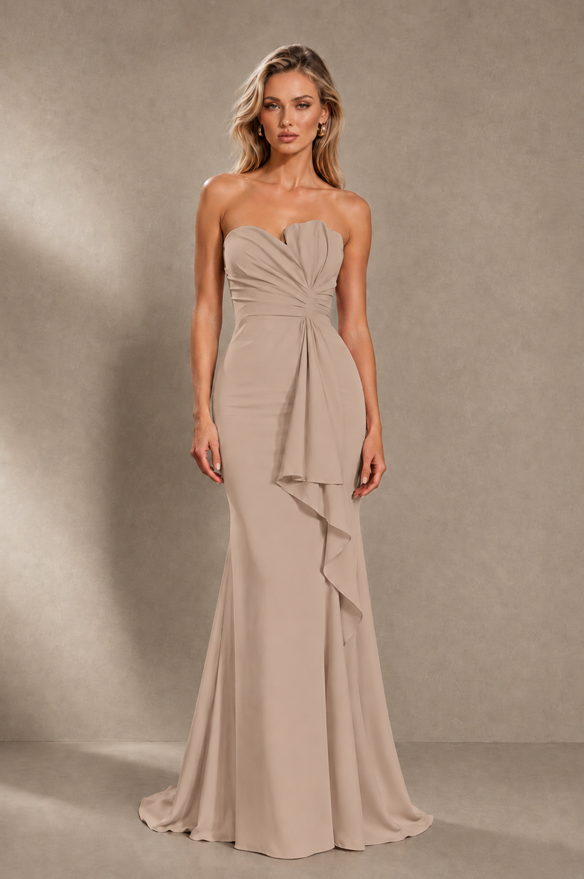 BOLODOO Taupe Strapless Sweetheart Ruched Mermaid Gown | Cascade Drape Formal Evening Dress - Taupe - Taupe_1