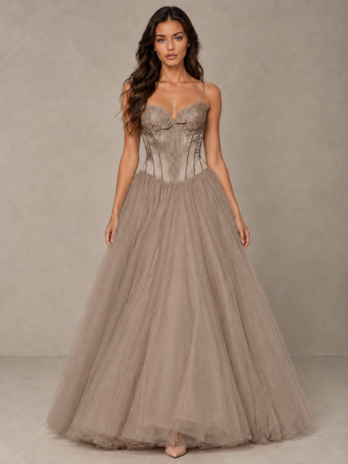 BOLODOO Taupe Corset Tulle Prom Dress with Spaghetti Straps - Taupe - Taupe_1