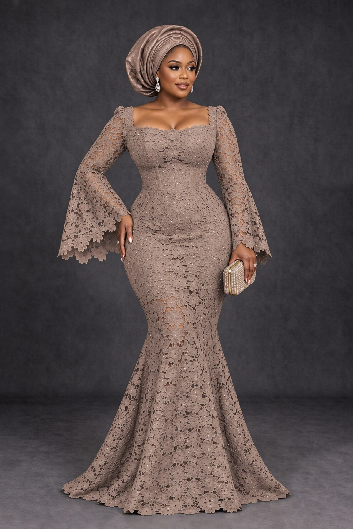 BOLODOO Taupe African Lace Mermaid Dress, Plus Size Nigerian Wedding Guest Gown with Bell Sleeves - Taupe - Taupe_1