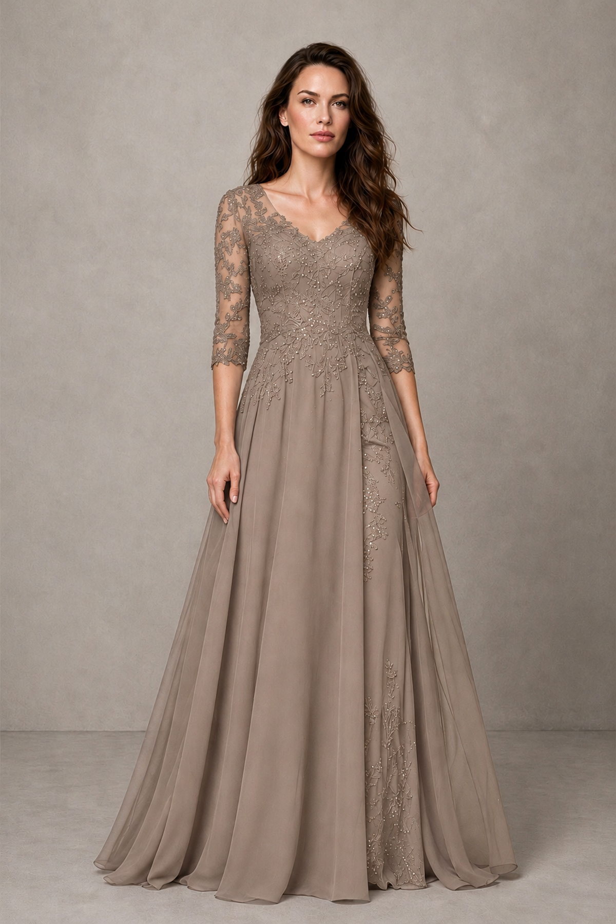 BOLODOO Midnight Taupe Beaded Lace Appliqué Chiffon A-Line Gown | Mother of the Bride & Formal Evening Dress - Taupe - Taupe_1