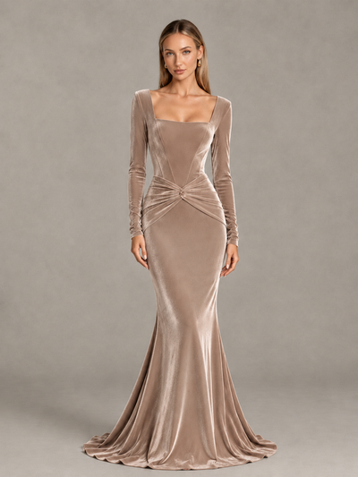 BOLODOO Taupe Velvet-Look Square Neck Long Sleeve Mermaid Evening Dress - Taupe - Taupe_1