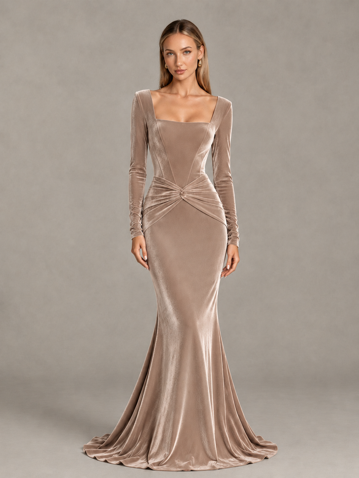 BOLODOO Taupe Velvet-Look Square Neck Long Sleeve Mermaid Evening Dress - Taupe - Taupe_1