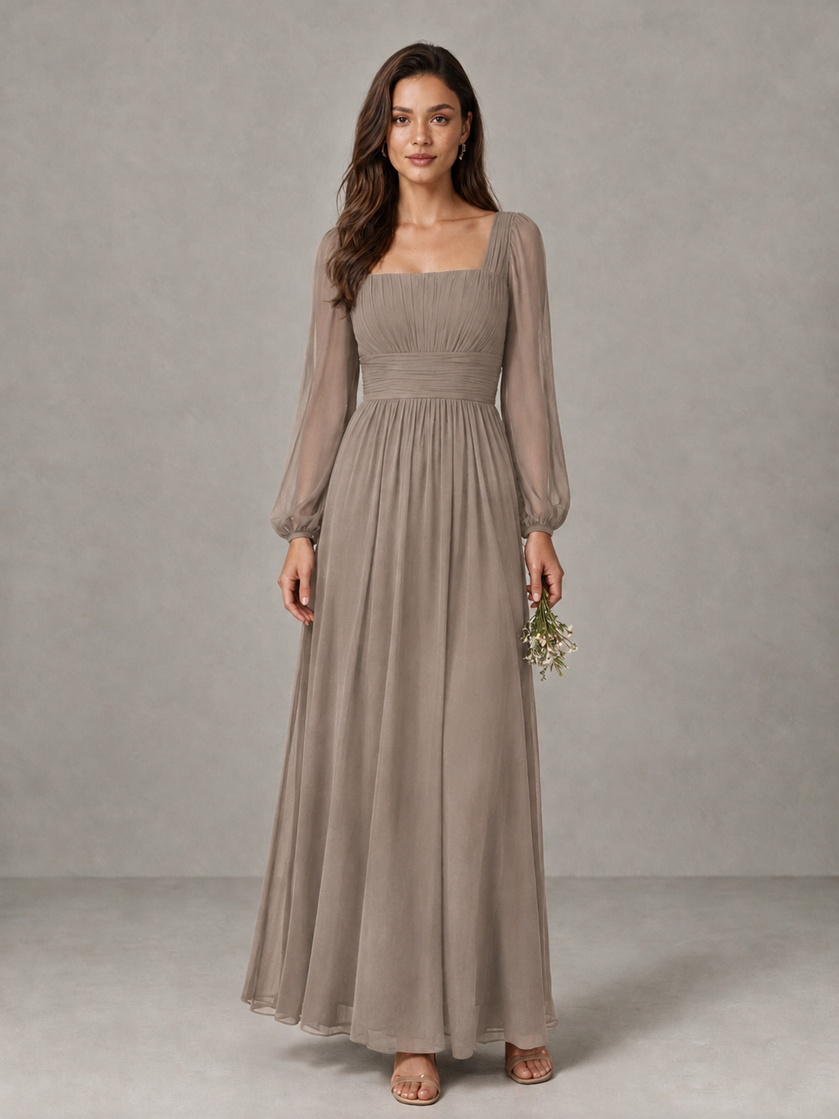 BOLODOO Taupe Square Neck Long Sleeve Chiffon Bridesmaid Dress - Taupe - Taupe_1