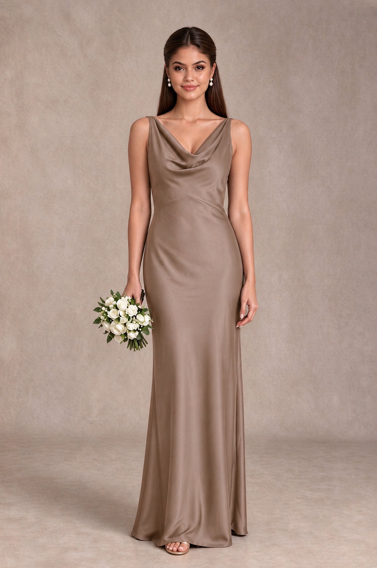 BOLODOO Taupe Cowl Neck Open Back Satin Bridesmaid Dress - Taupe - Taupe_1