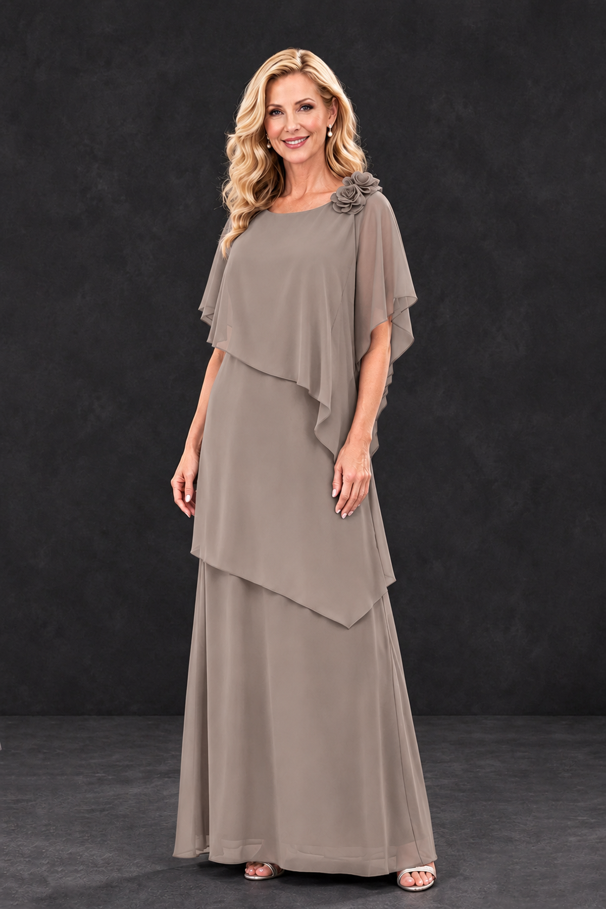 BOLODOO Taupe Tiered Flutter Sleeve Mother of the Bride Maxi Dress - Taupe - Taupe_1