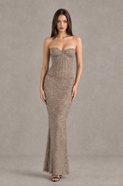 BOLODOO Taupe Strapless Lace Corset Wedding Guest Dress - Taupe - Taupe_1