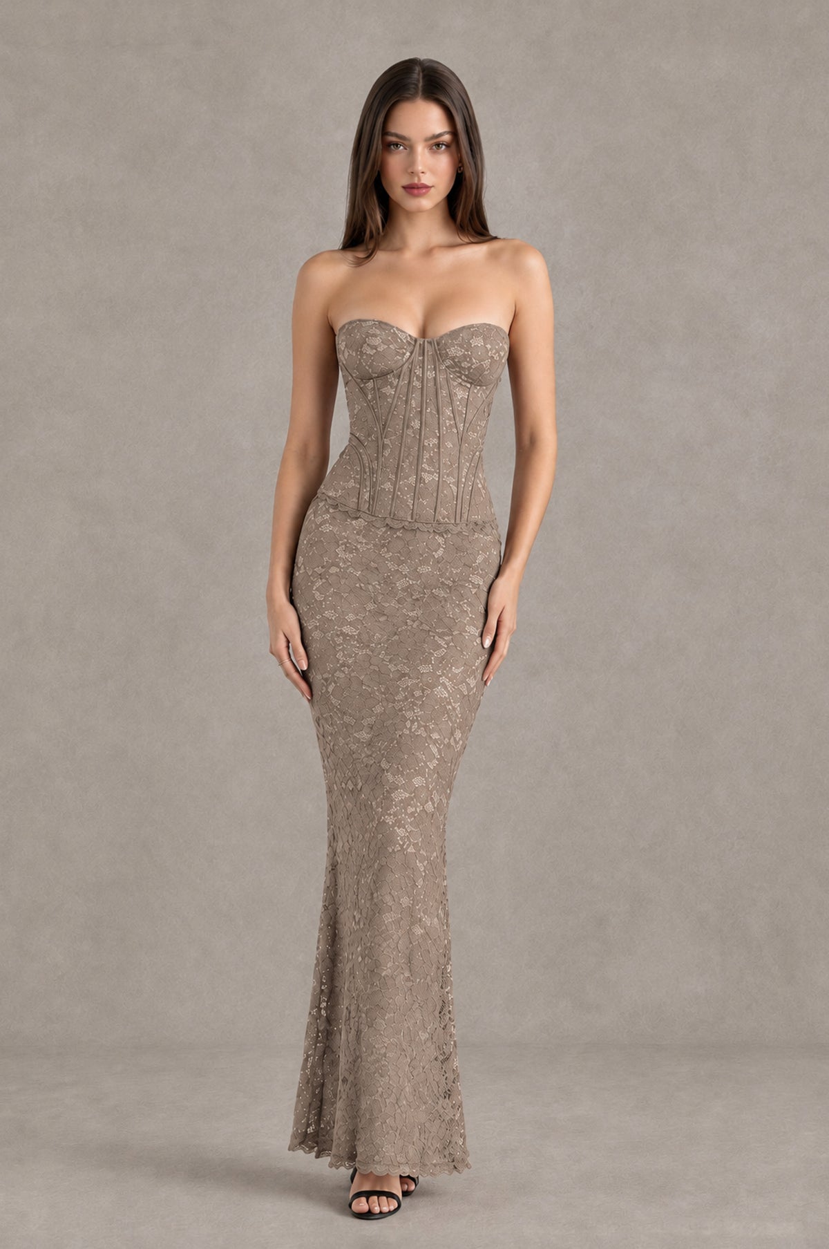 BOLODOO Taupe Strapless Lace Corset Wedding Guest Dress - Taupe - Taupe_1