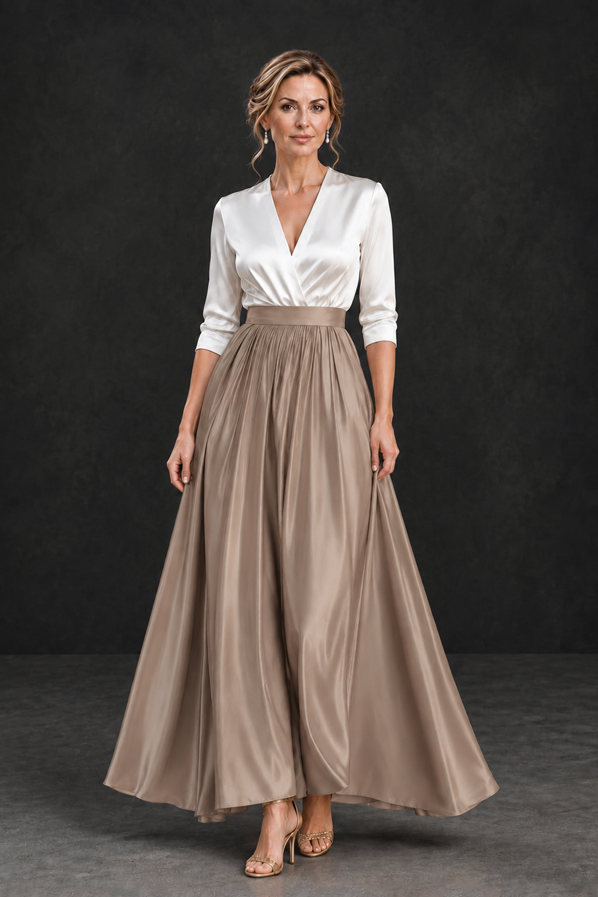 BOLODOO Taupe and White V-Neck A-Line Mother of the Bride Dress - Taupe - Taupe_1