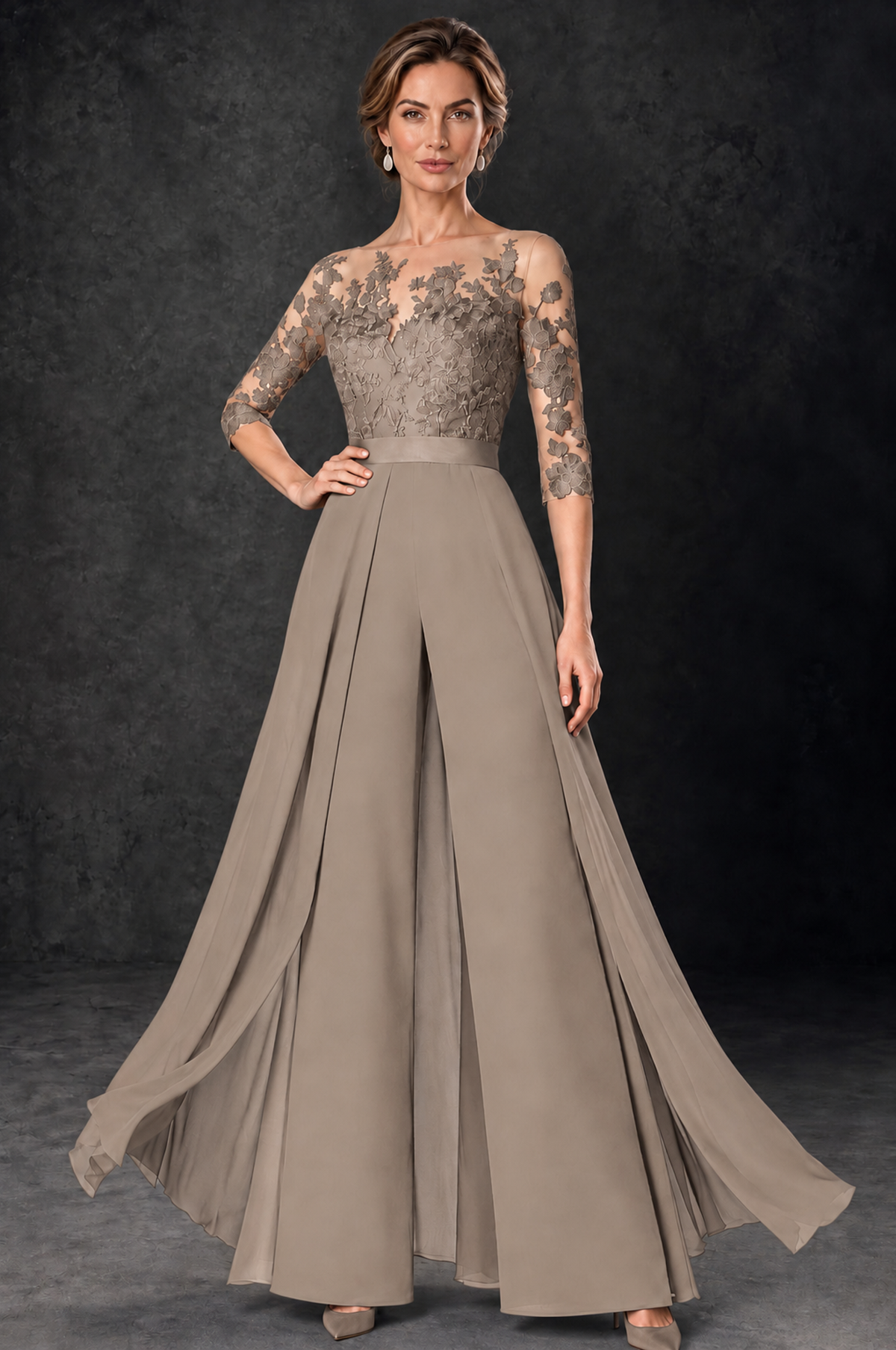 BOLODOO Taupe Lace Wide-Leg Jumpsuit with Three-Quarter Sleeves - Taupe - Taupe_1